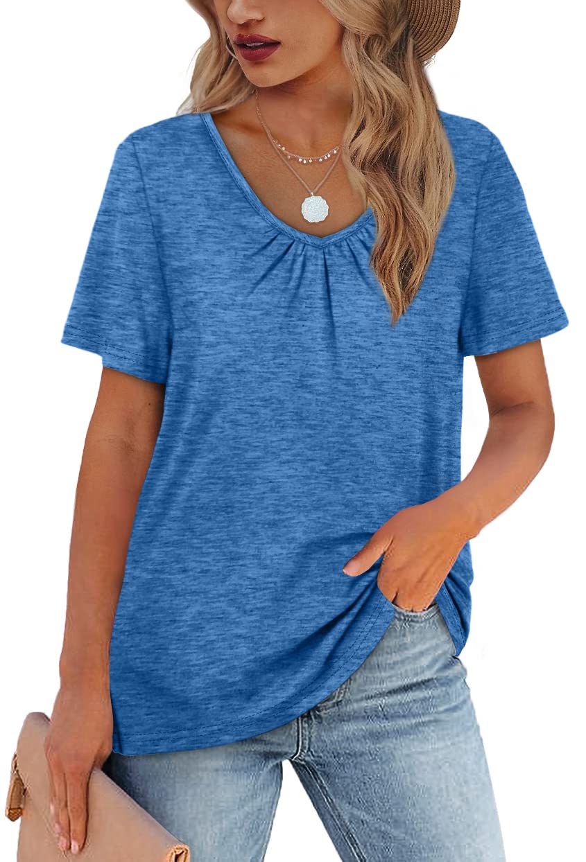 WIHOLL Women's Shirred V-Neck T-Shirt - Soft Short Sleeve Casual Summer Top for Everyday Wear | Perfect for Beach, Shopping & Date Nights