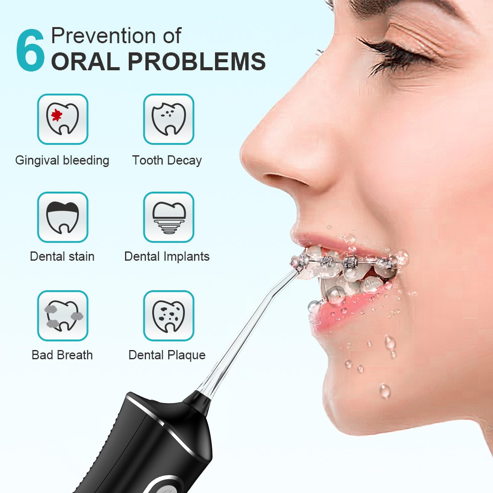 **Uthvouxy Cordless Water Flosser - Portable Rechargeable Dental Flosser with 4 Modes & 5 Tips, Waterproof Oral Irrigator for Teeth Cleaning, Home & Travel Use (Black)**    *Perfect for daily oral care, travel convenience, and deep cleaning between teeth and gums.*
