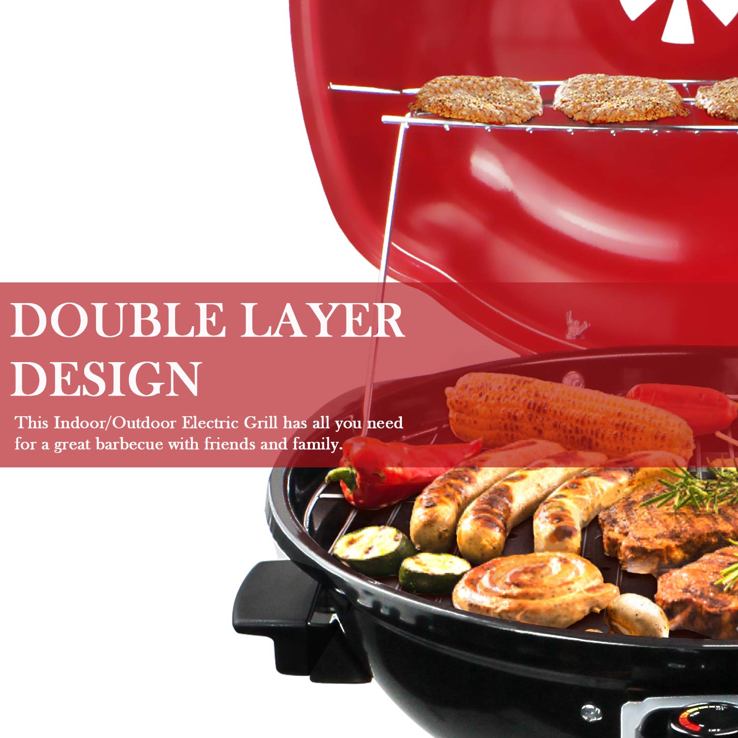 Techwood 1600W Electric Grill for Indoor & Outdoor Use - Portable BBQ Grill with Removable Stand, Perfect for Backyard, Camping & Patio Cooking (Red)