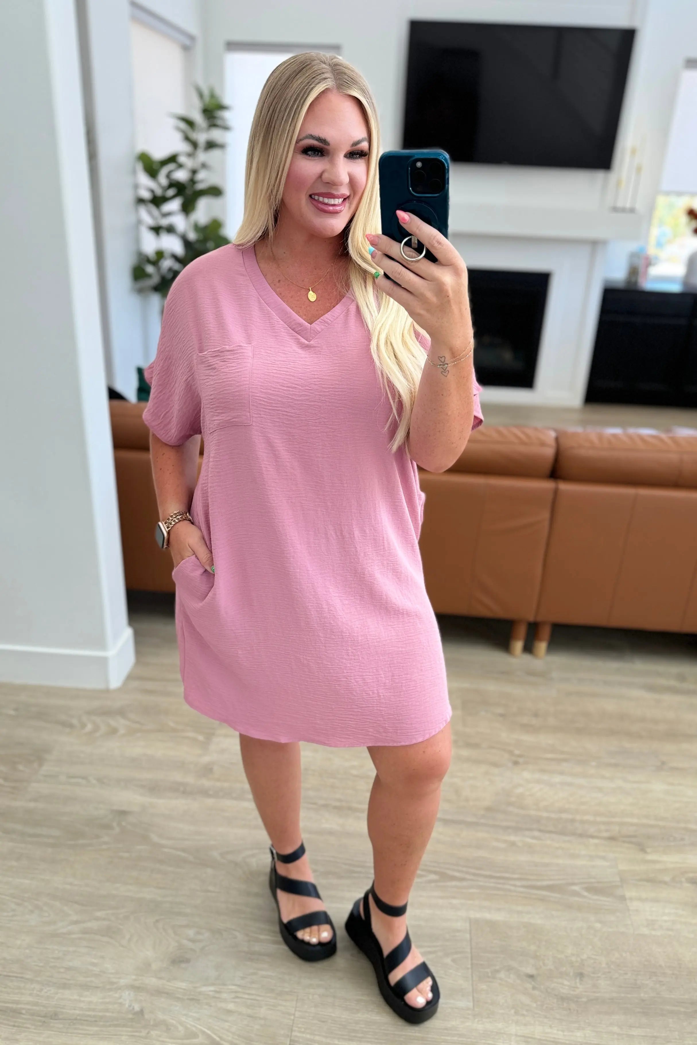 Go Go Girl V Neck T Shirt Dress for Women - Light Rose Casual Summer Dress for Outfits, Beach Wear & Everyday Comfort