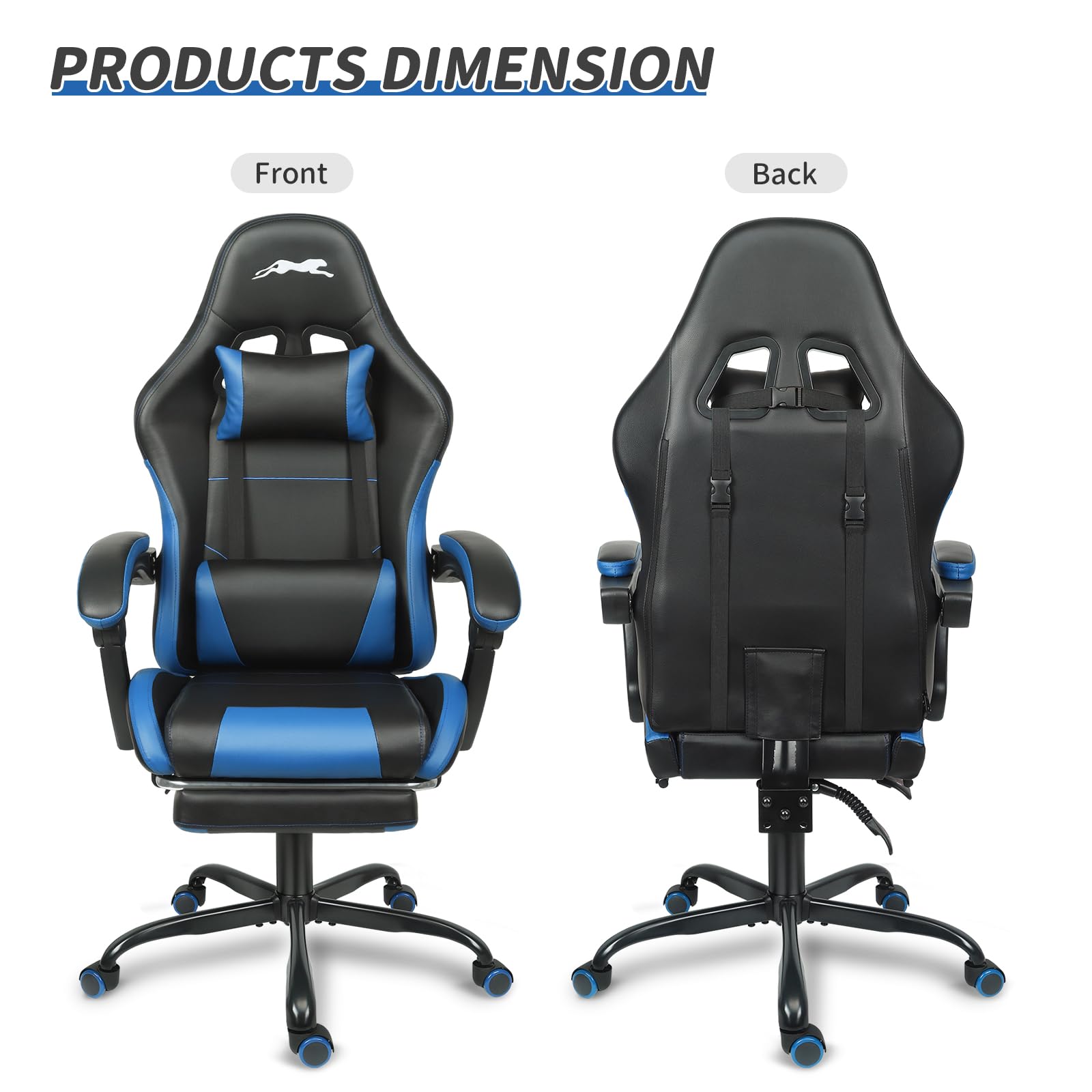 Premium Leopard Print Gaming Chair with Adjustable Footrest & Lumbar Support - Ergonomic Computer Game Chair for PC, Console Gaming, Office & Home - Height Adjustable Racing Style Chair (Black/Blue) - Perfect for Esports, Streaming & Long Work Sessions
