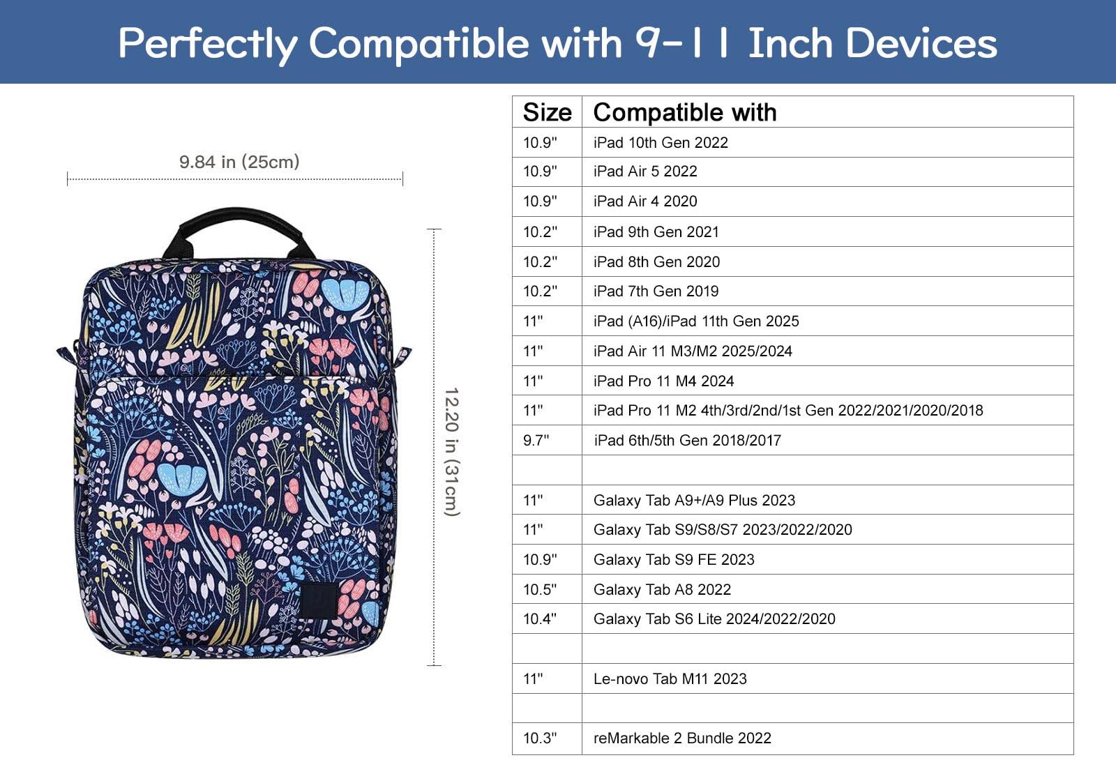 Premium 9-11 Inch Tablet Sleeve Case with Adjustable Shoulder Strap - Compatible with iPad 10th Gen 10.9