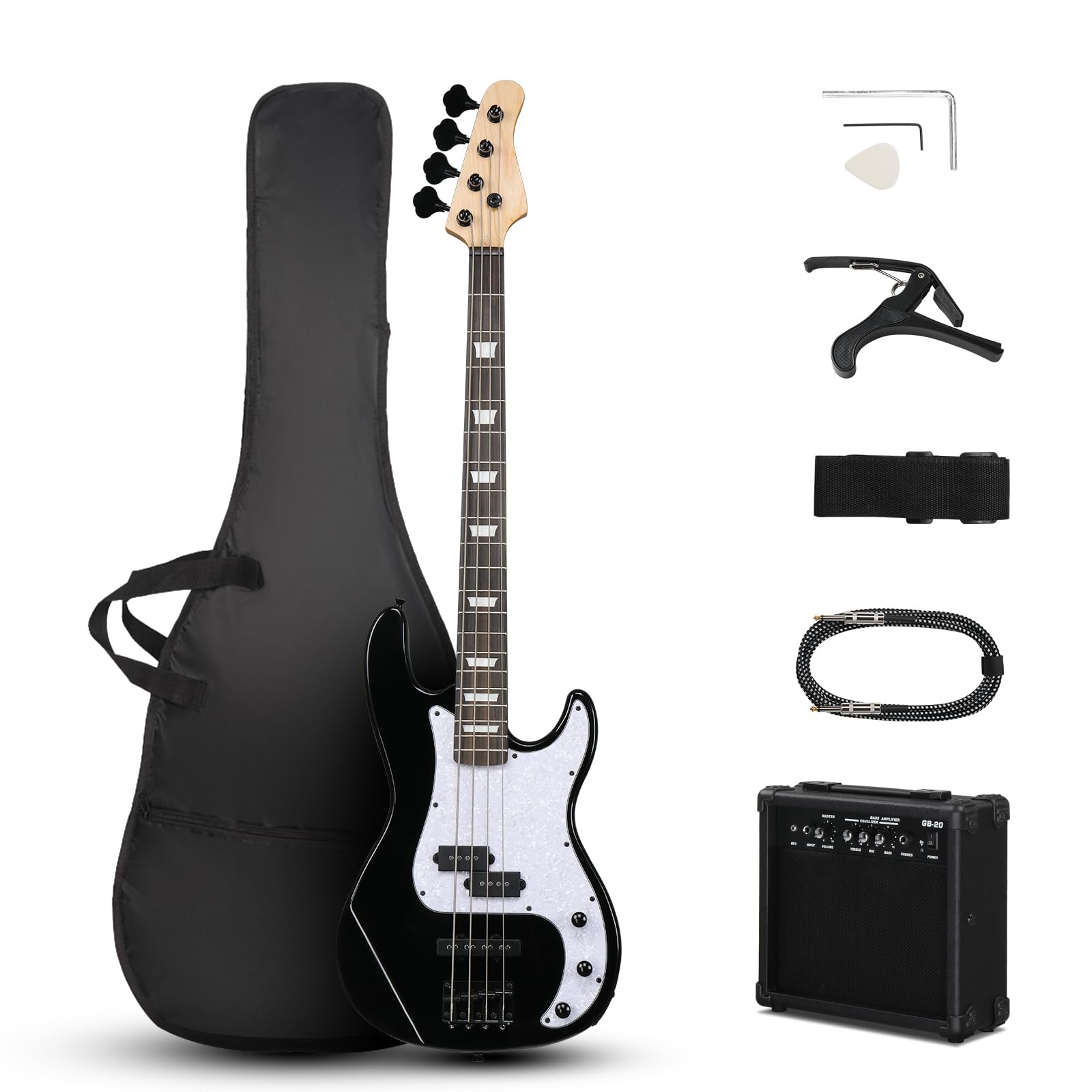 Ktaxon 4-String Electric Bass Guitar Full Size Kit - Right Handed PB-Style Bass with 20W Amp, Gig Bag, Strap, Cable & Capo for Beginners, Youths & Adults (Black) | Perfect for Home Practice, Studio Recording & Live Performances