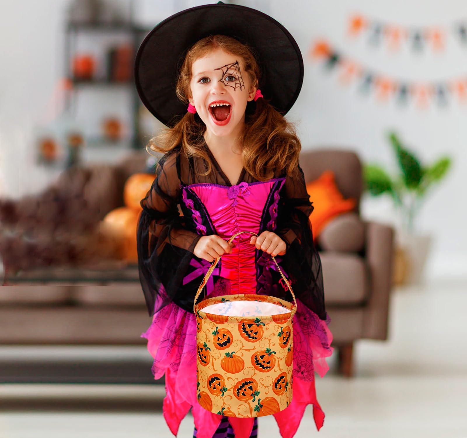 Happy Halloween Pumpkin Storage Basket - Collapsible Gift Bucket with Handles, Home & Office Decor for Nursery, Parties, and Fall Seasonal Decorations