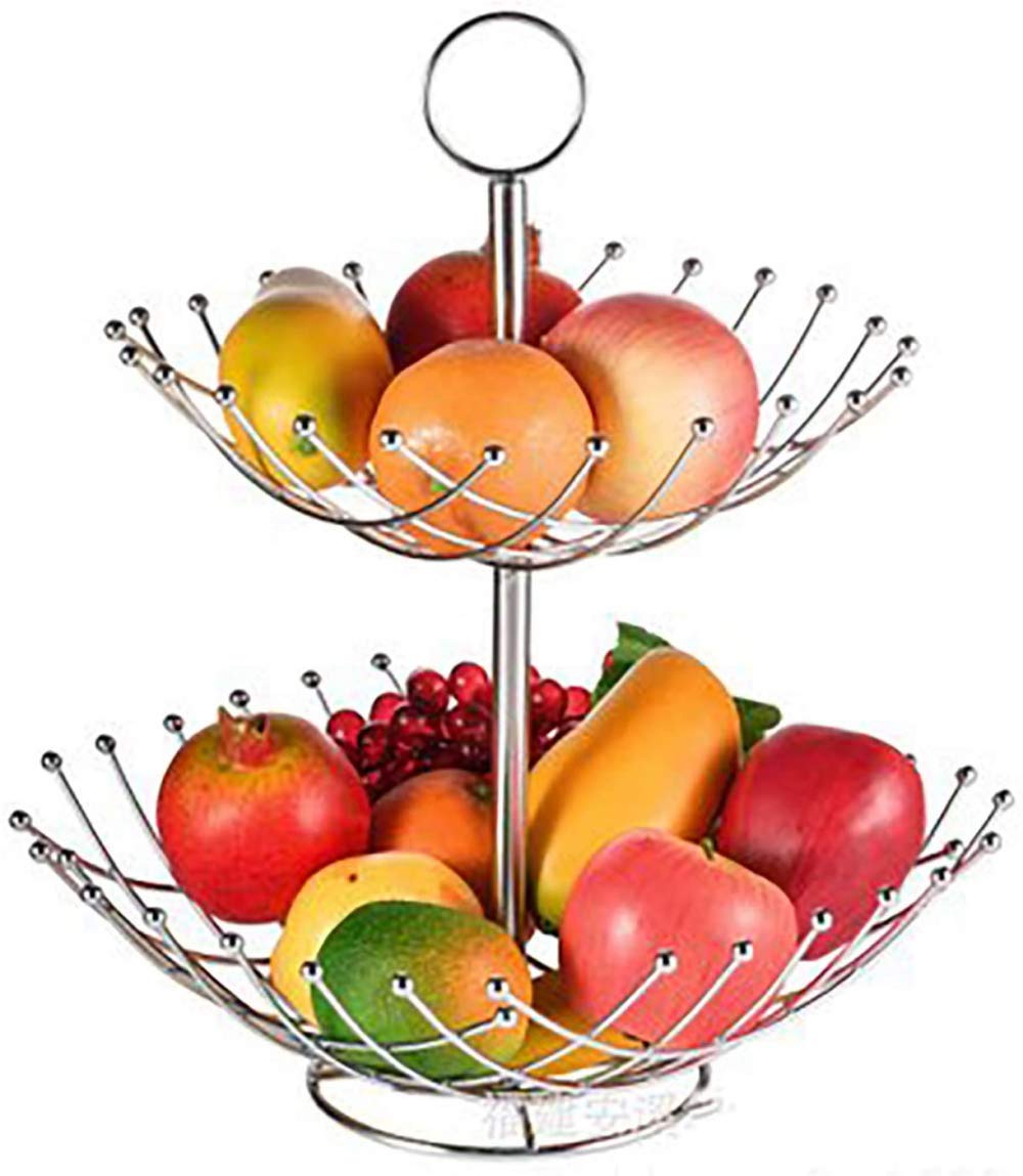2-Tier Metal Fruit and Vegetable Basket - Kitchen Countertop Display Organizer for Fruits, Bread, Produce - Portable Double-Layer Storage Rack for Home, Restaurant, or Farmers Market Use