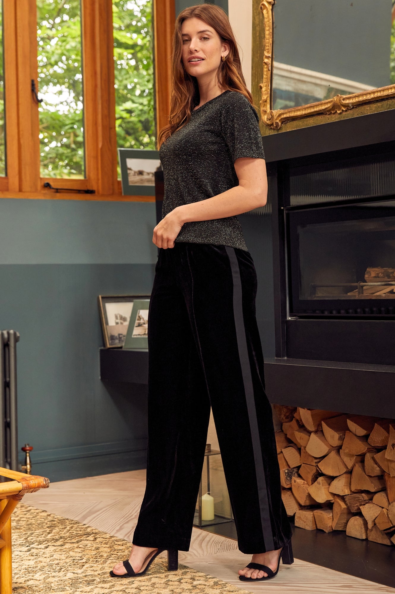 Velvet Side Stripe Trousers for Women - High Waist Black Dress Pants with Elastic Waistband | Elegant Office Work Pants & Night Out Bottoms
