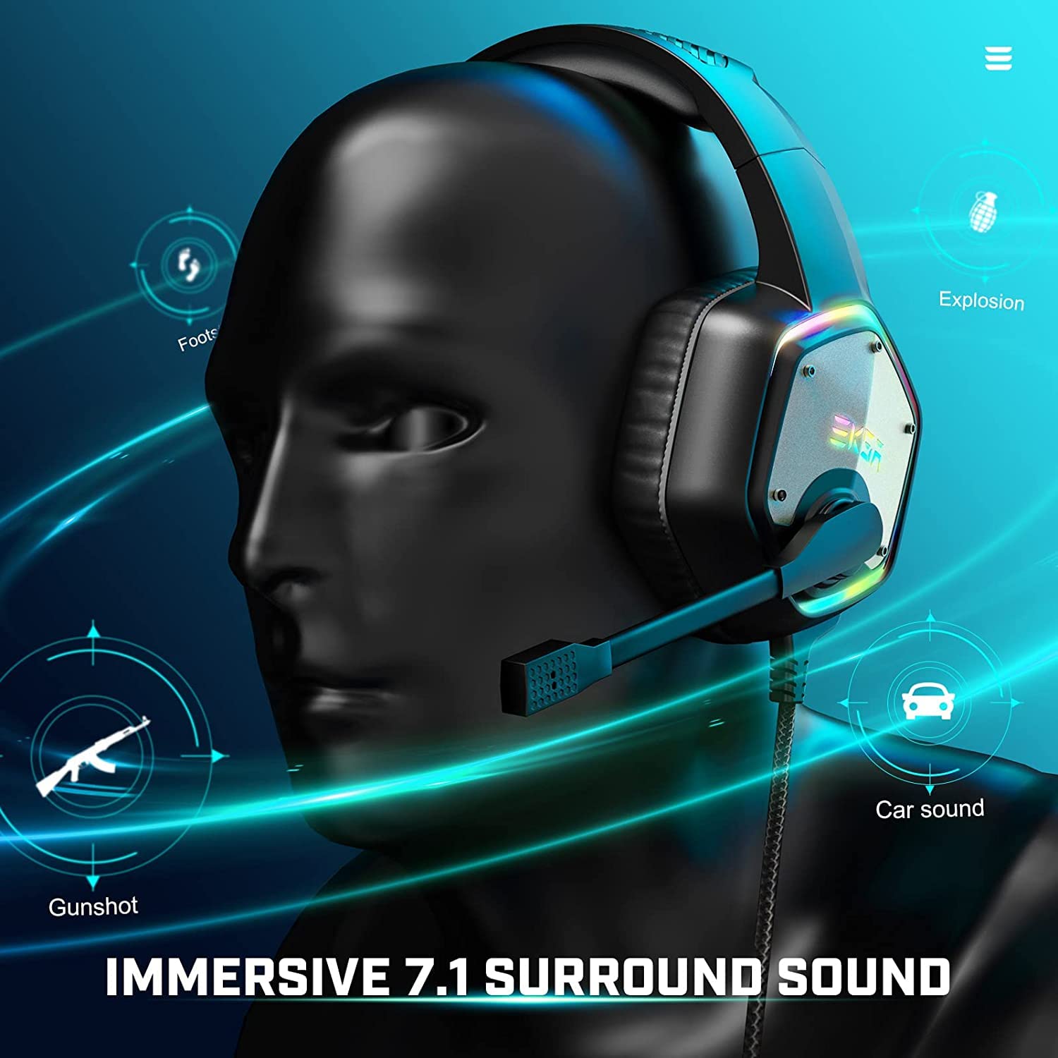 EKSA E1000 USB Gaming Headset with Microphone - Noise Cancelling 7.1 Surround Sound Wired Headphones for PC, PS4, PS5, Laptop - RGB Lighting & Comfortable Ear Cushions (Gray) - Perfect for Gaming, Streaming & Online Meetings