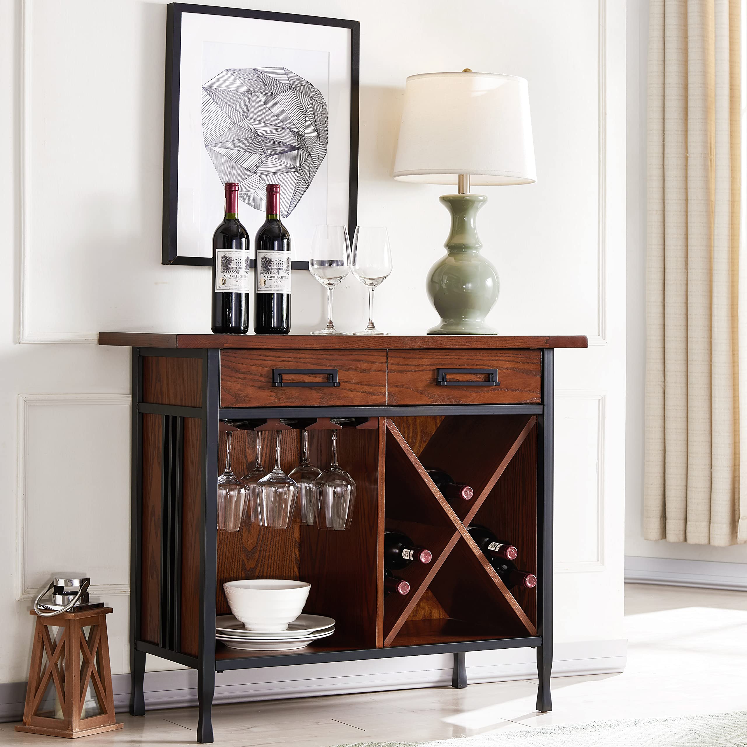 Leick Home 11240 Rustic Mini Bar with Wine Storage - Mission Oak Finish, Single Drawer for Glass & Bottle Organization - Perfect for Living Room, Home Bar, or Dining Room Decor