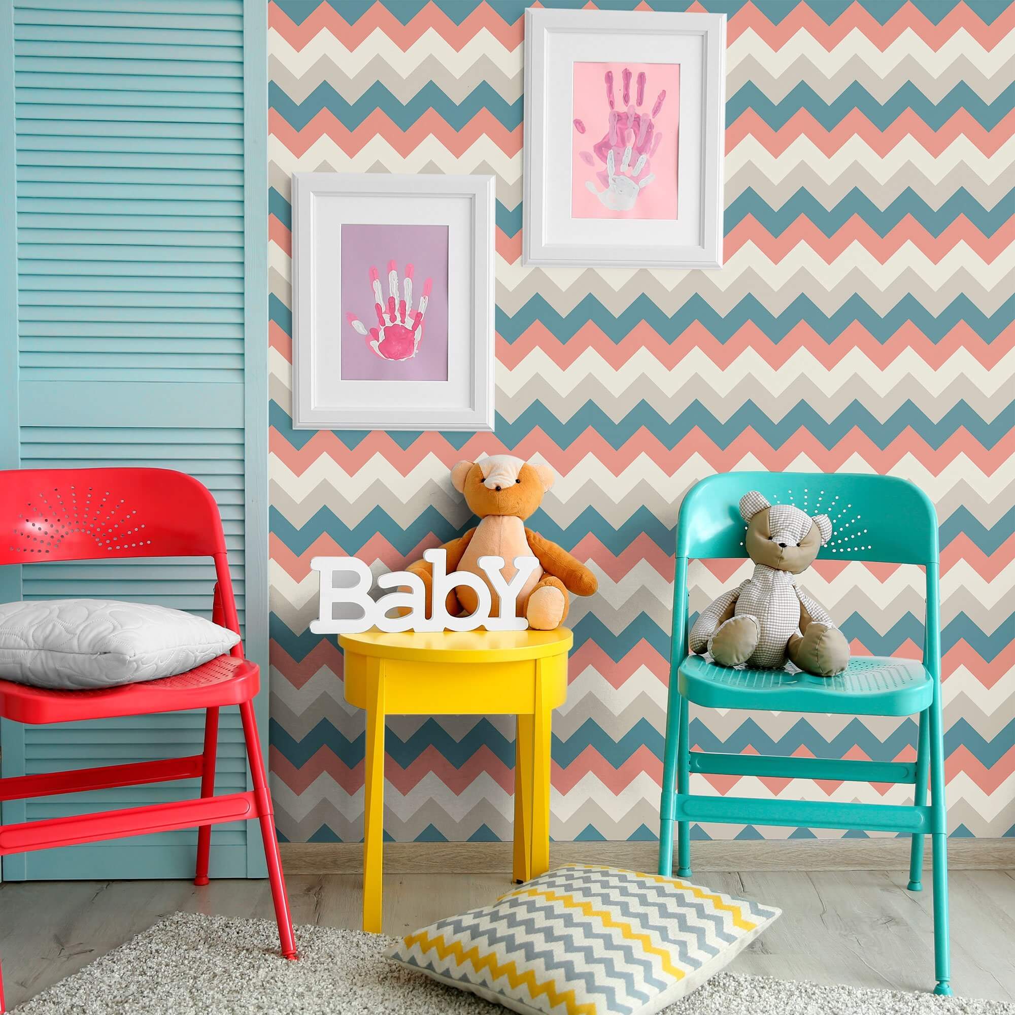 Beige and Blue Chevron Peel and Stick Removable Wallpaper - Self-Adhesive Decorative Wall Covering for Bedroom, Nursery, and Home Office Decor
