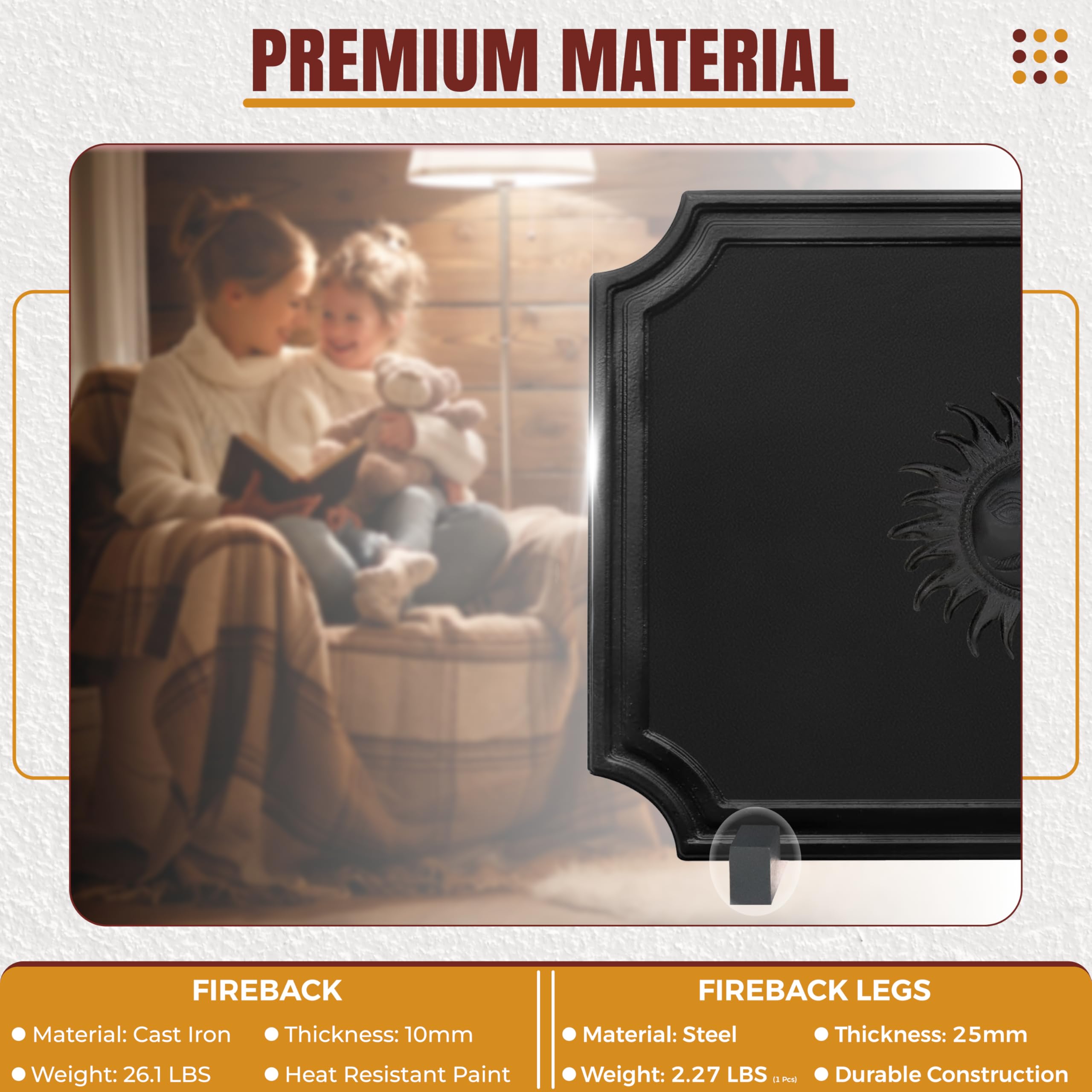 SIMOND STORE - 20''x16'' Cast Iron Fireback for Fireplace - Heat Reflector & Wall Protector with Decorative Design - Perfect for Home Heating, Fireplace Safety, and Living Room Decor