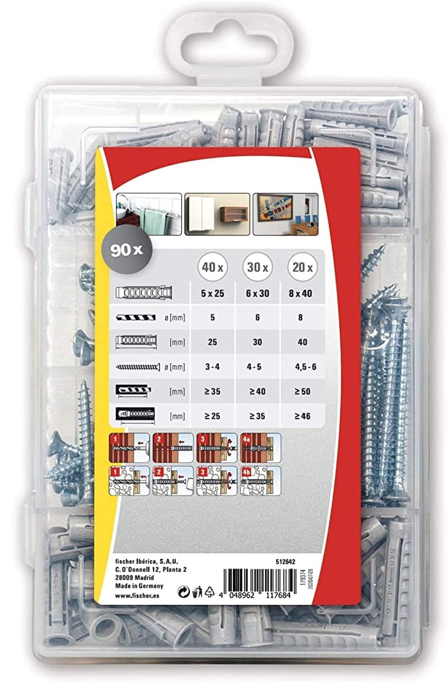 Fischer Assorted Case SX 5/6/8 - Set of Plugs and 90 Screws (512642, Grey) - Perfect for Wall Mounting, Furniture Assembly & DIY Home Projects
