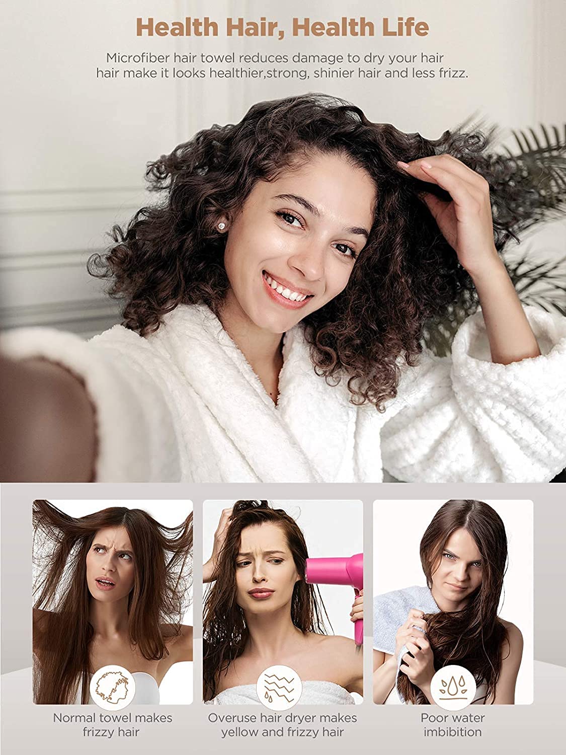 Hicober 3-Pack Microfiber Hair Towel Wrap for Women - Soft Anti-Frizz Hair Turban for Wet & Curly Hair - Quick Dry Hair Towel (Blue, Grey, Pink) - Perfect for Post-Shower, Salon Styling & Travel