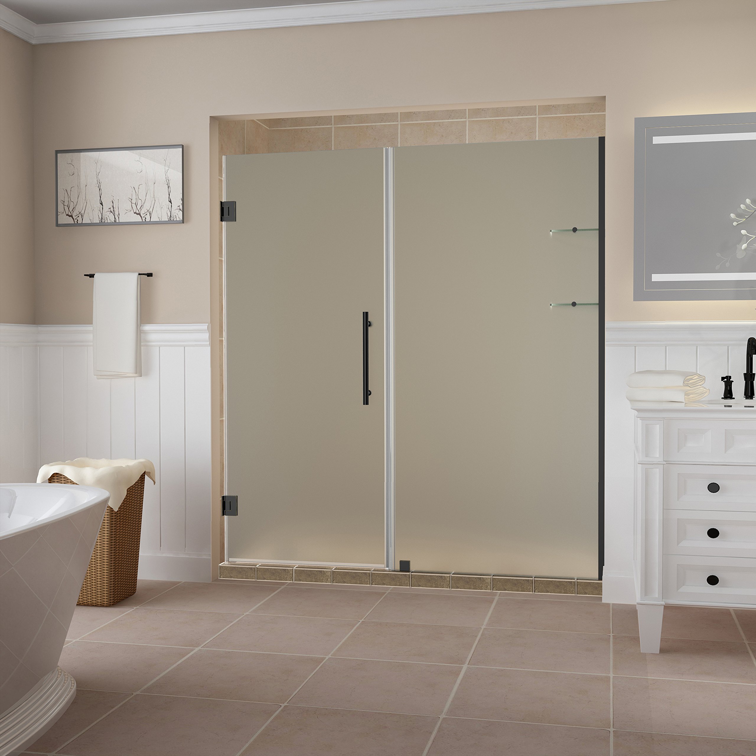 Frosted Glass Frameless Hinged Shower Door with Shelves - Aston Belmore GS Series - Perfect for Modern Bathrooms & Spa-Like Showers