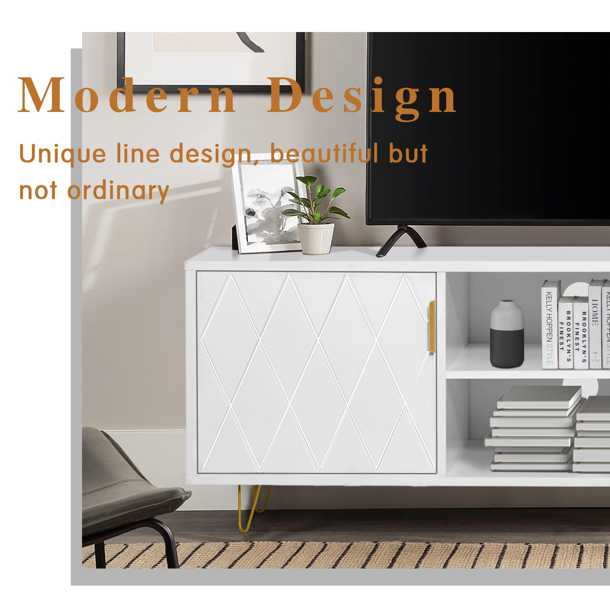 Anbuy White Wooden TV Stand for Bedroom & Living Room - 55 inch to 65 inch Entertainment Center with 2 Storage Cabinets & Shelves, Media Console Cabinet for Flat Screen TVs - Perfect for Home Theater Setup & Living Room Decor (White)