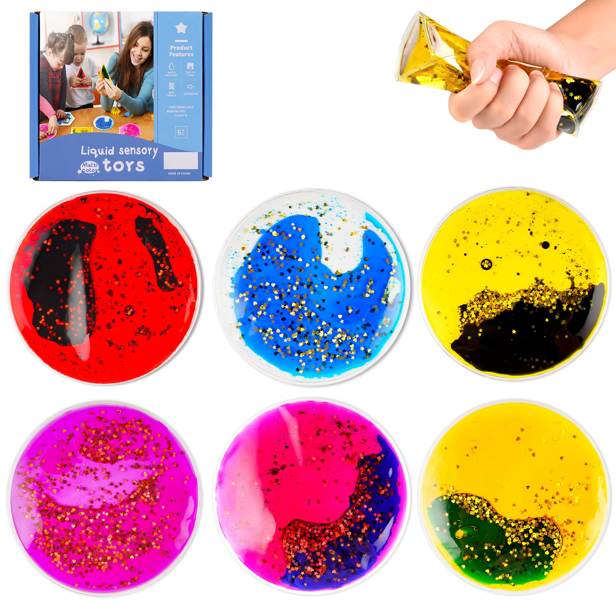 Sensory Soft Gel Liquid Fidget Toys for Kids - 6 Pack Round Water Bead Stress Relief Toys for Autistic Children | Anxiety Relief, ADHD Focus & Classroom Sensory Play