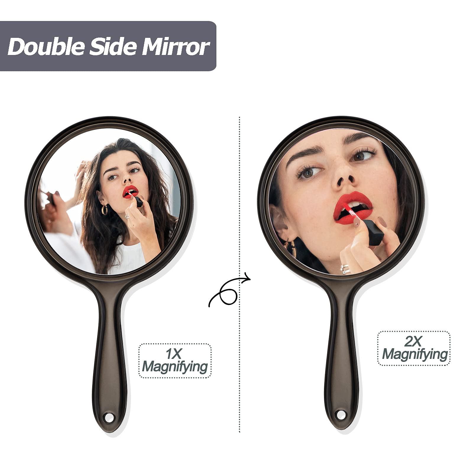 Double-Sided Handheld Makeup Mirror with 1X/2X Magnification - Round Shape with Comfortable Handle (Black) | Perfect for Home Vanity, Travel & Professional Makeup Application