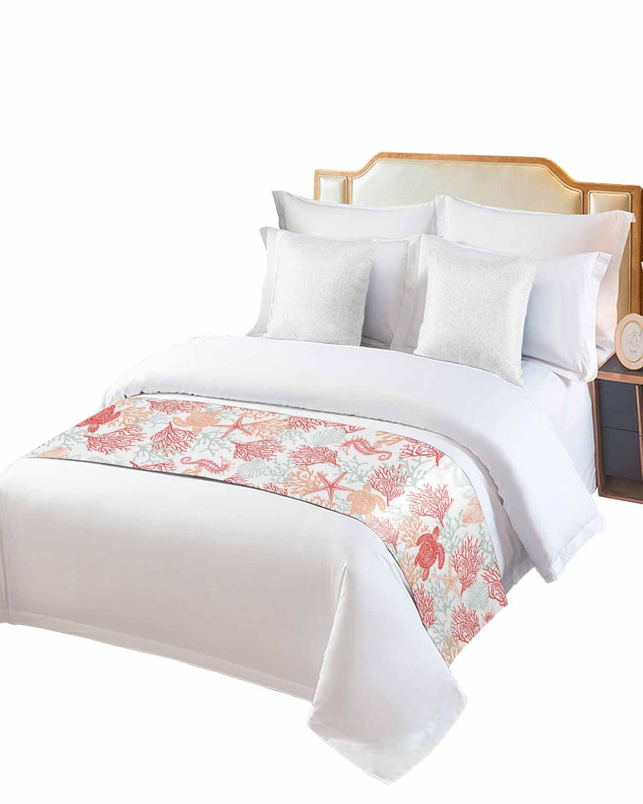 Red Orange Coastal Bed Runner for Full/Queen Bed - 83x20 Inch Nautical Coral Beach Bedspread Protector, Slipcover Bed Scarf for Foot of Bed - Perfect for Bedroom, Hotel & Wedding Decor - Sea Turtle Summer Beach Theme Home Accent
