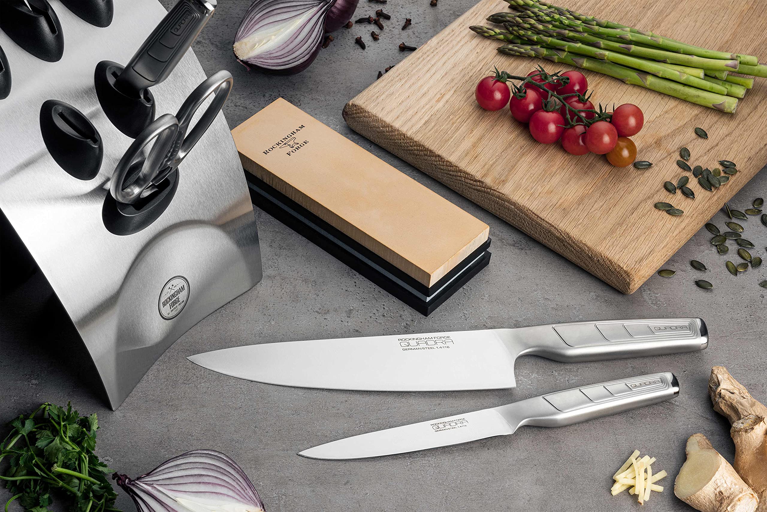 Premium 7-Piece Stainless Steel Kitchen Knife Set with Block - Includes 5 Chef Knives, Shears & Wooden Holder - Perfect for Home Cooking, Professional Chefs & Gift Giving - Quadra Range RF-1640/7B