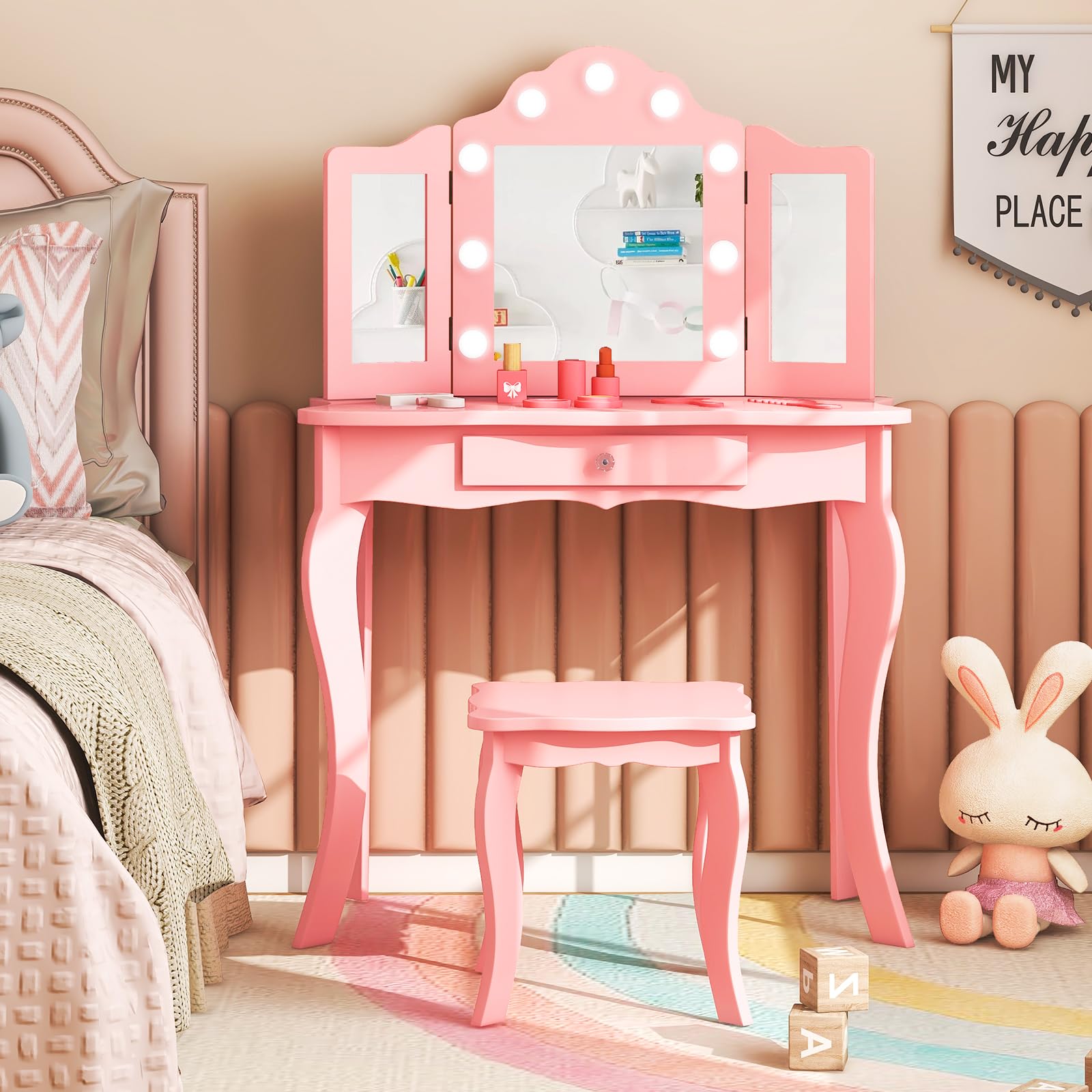 AKUSTIK Kids Vanity with LED Lights - 2-in-1 Wooden Dressing Table & Chair Set with Tri-Fold Mirror, Stool & Storage Drawer - Princess Pretend Play Beauty Kit - Perfect Gift for Toddler Girls (Ideal for Bedroom Play, Birthday Presents & Role-Playing Activities)