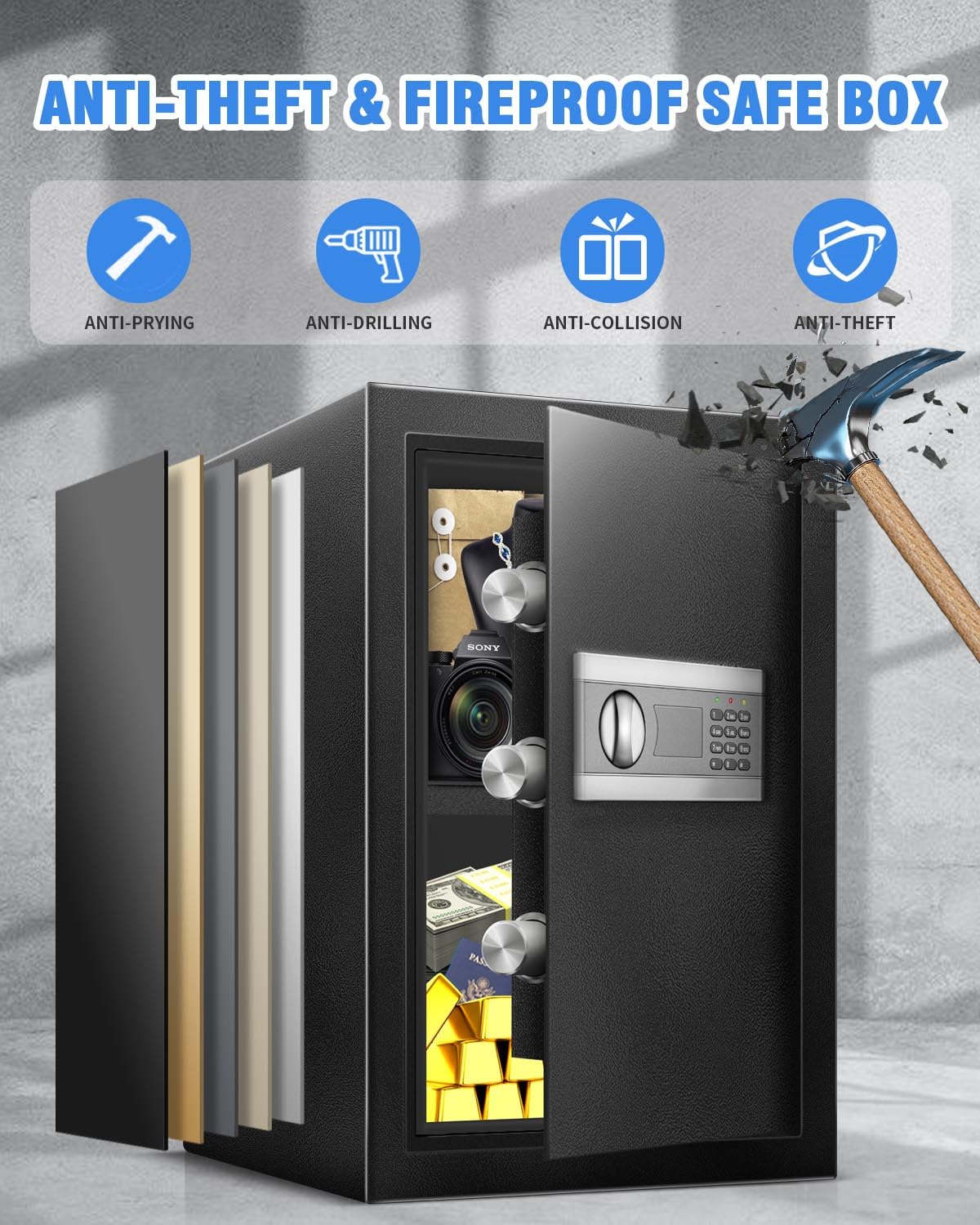 2.5 Cu Ft Fireproof Home Safe Box - Digital Security Safe with Adjustable Shelves, Smart Alarm System, Silent Keypad & Motion Sensor Lights - Ideal for Home, Office, Dormitory & Hotel Use - Protect Jewelry, Documents & Valuables