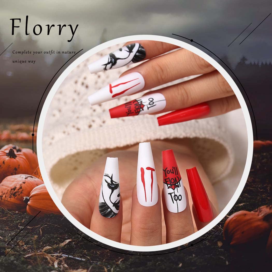 Florry Halloween Extra Long Press on Nails - Black Matte Coffin Fake Nails for Women & Girls (30Pcs Vampire Style) | Perfect for Halloween Parties, Cosplay & Gothic Fashion