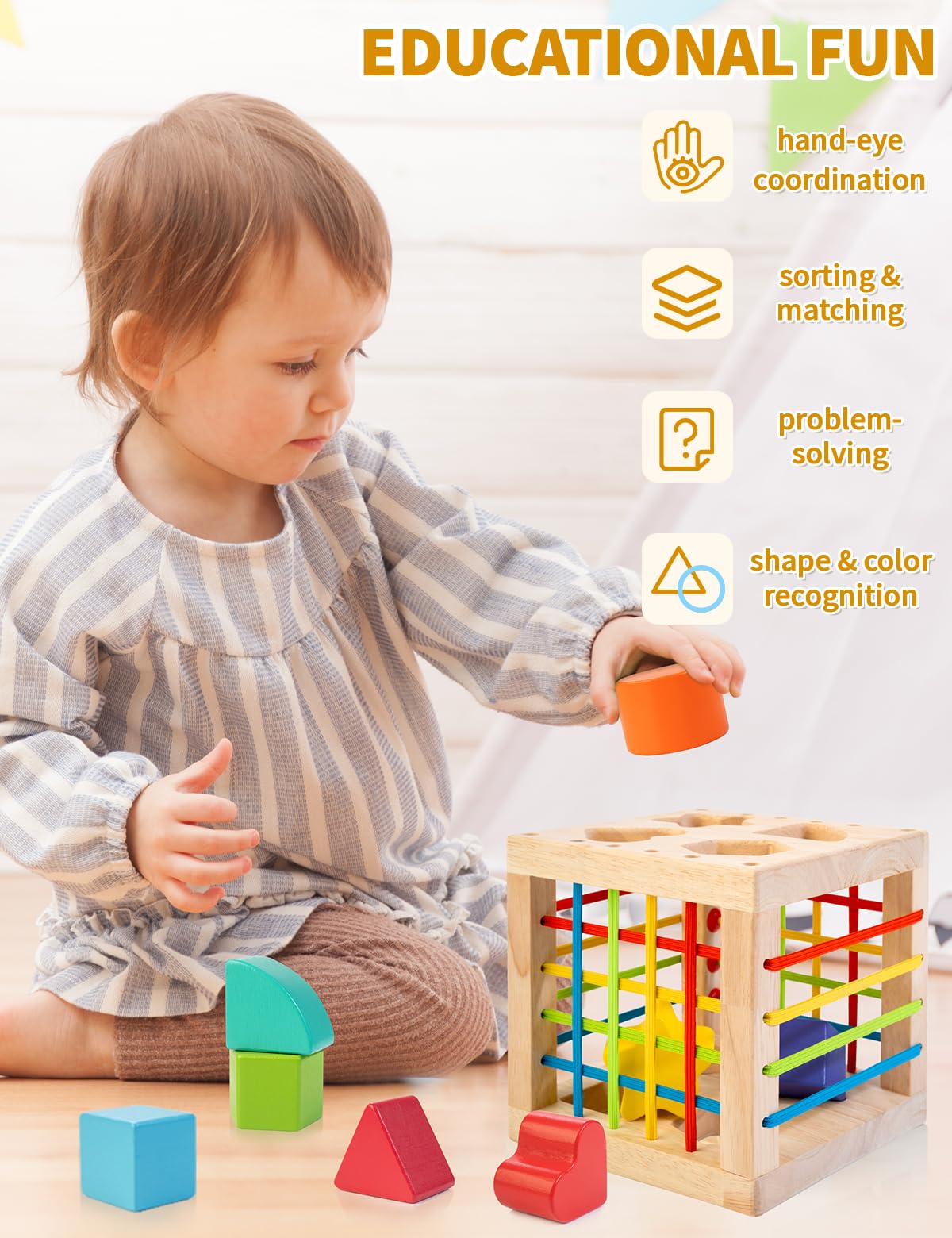 Montessori Wooden Shape Sorter Toy for Toddlers - 8-Piece Rattling Blocks Educational Learning Cube for Baby Boys & Girls | Perfect for Early Childhood Development & Sensory Play
