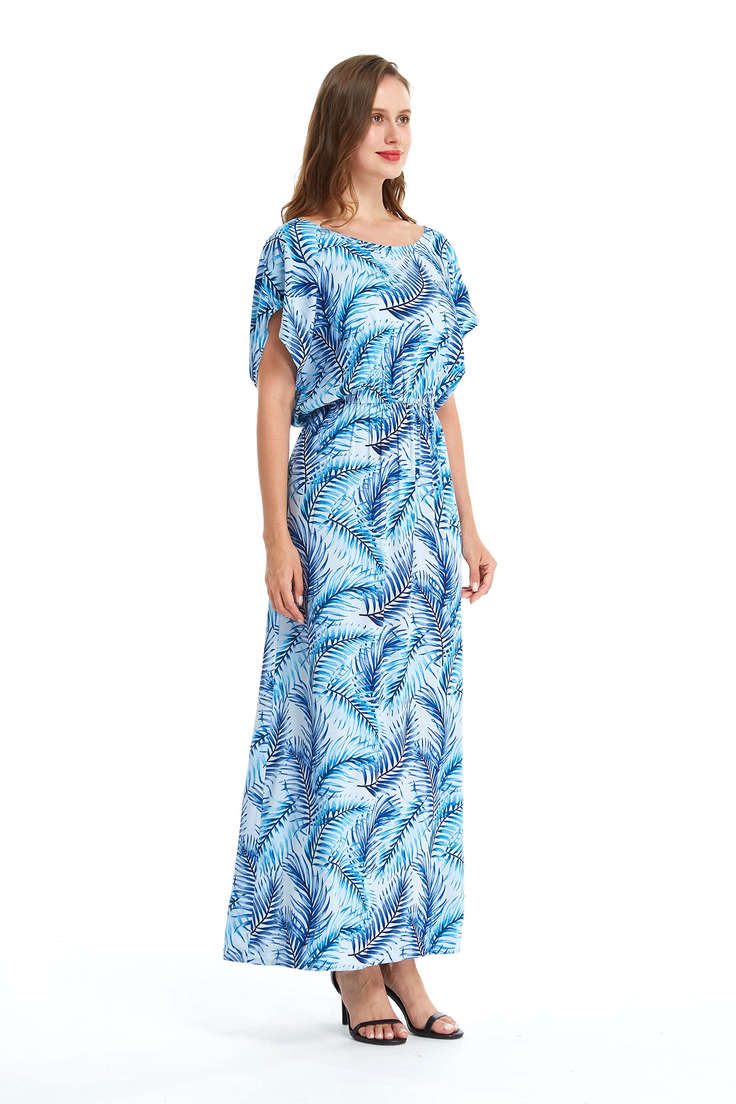 Women's Floral Hawaiian Luau Cap Sleeve Maxi Dress - Beach Wedding, Summer Vacation & Tropical Party Outfit