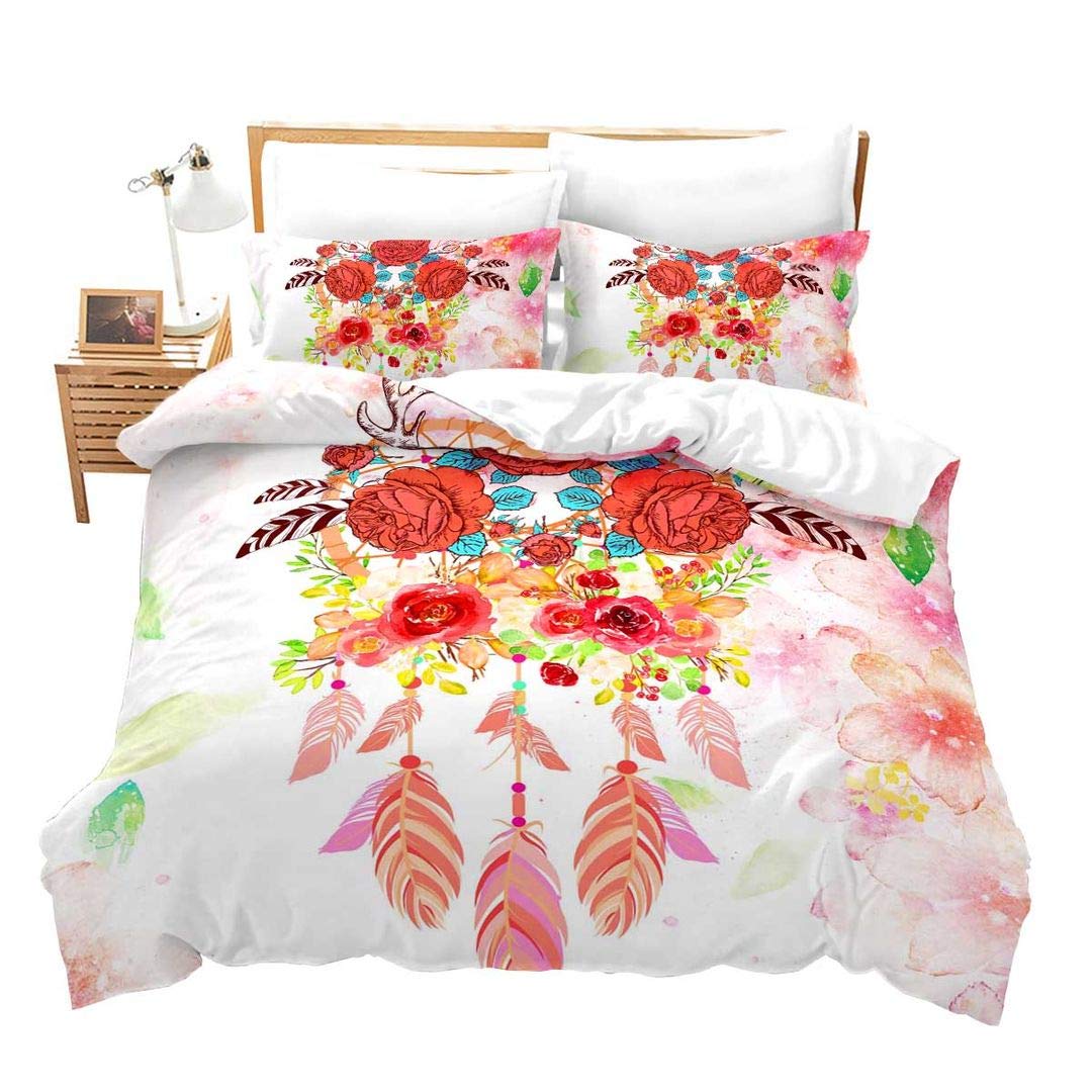 Erosebridal Kids Girls Twin Size Duvet Cover Set - Dream Catcher Comforter Cover with Colorful Rose Floral & Feather Print, 2-Piece Bedding Set Includes 1 Pillowcase | Perfect for Girls' Bedroom Decor, Nursery, Sleepovers & Cozy Bedtime