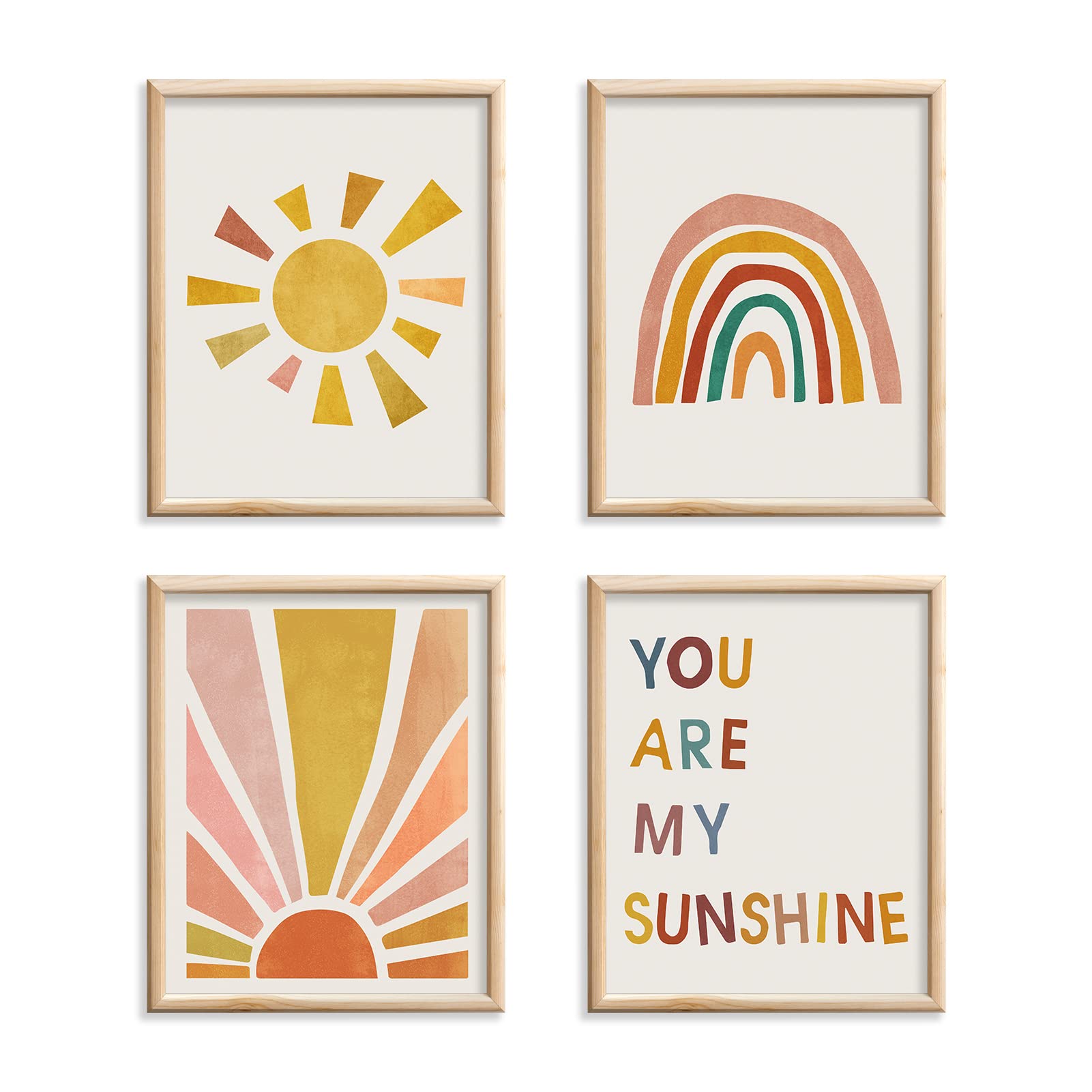 Boho Rainbow Wall Art Prints Set of 4 - 8x10 Inch Unframed Nursery Decor, Kids Room Decor & Girls Bedroom Decor | Boho Chic Rainbow & Sunshine Themed Wall Art for Baby Shower Gift, Playroom or Toddler Room Decoration