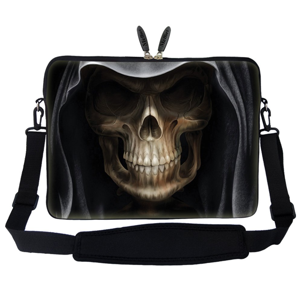 Meffort 15-15.6 Inch Neoprene Laptop Sleeve Case with Hidden Handle & Adjustable Strap - Skull Print Design for MacBook, Dell, HP - Perfect for School, Office & Travel