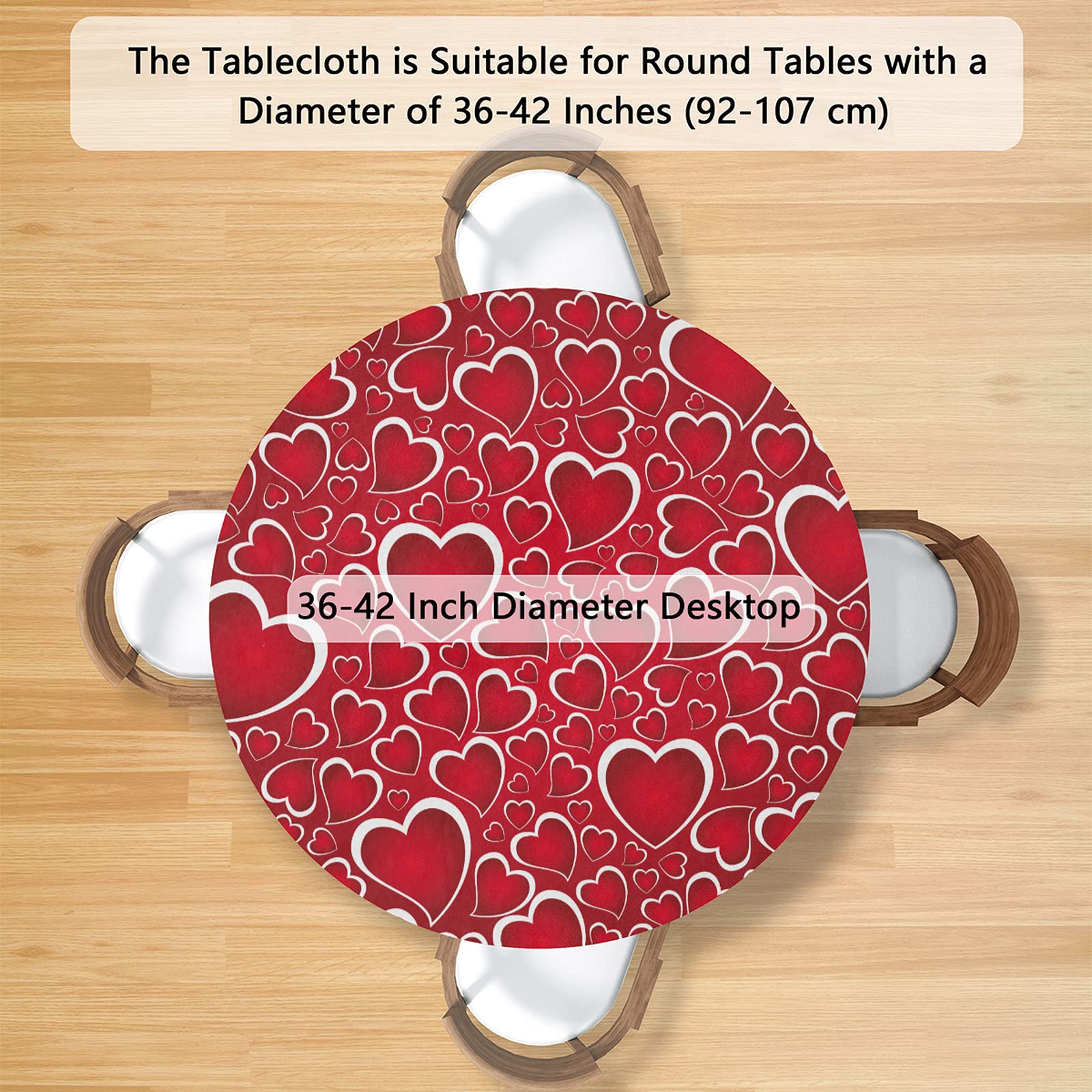 Valentine's Day Heart Print Elastic Edge Round Tablecloth - Waterproof & Wipeable Fitted Table Cover for 40