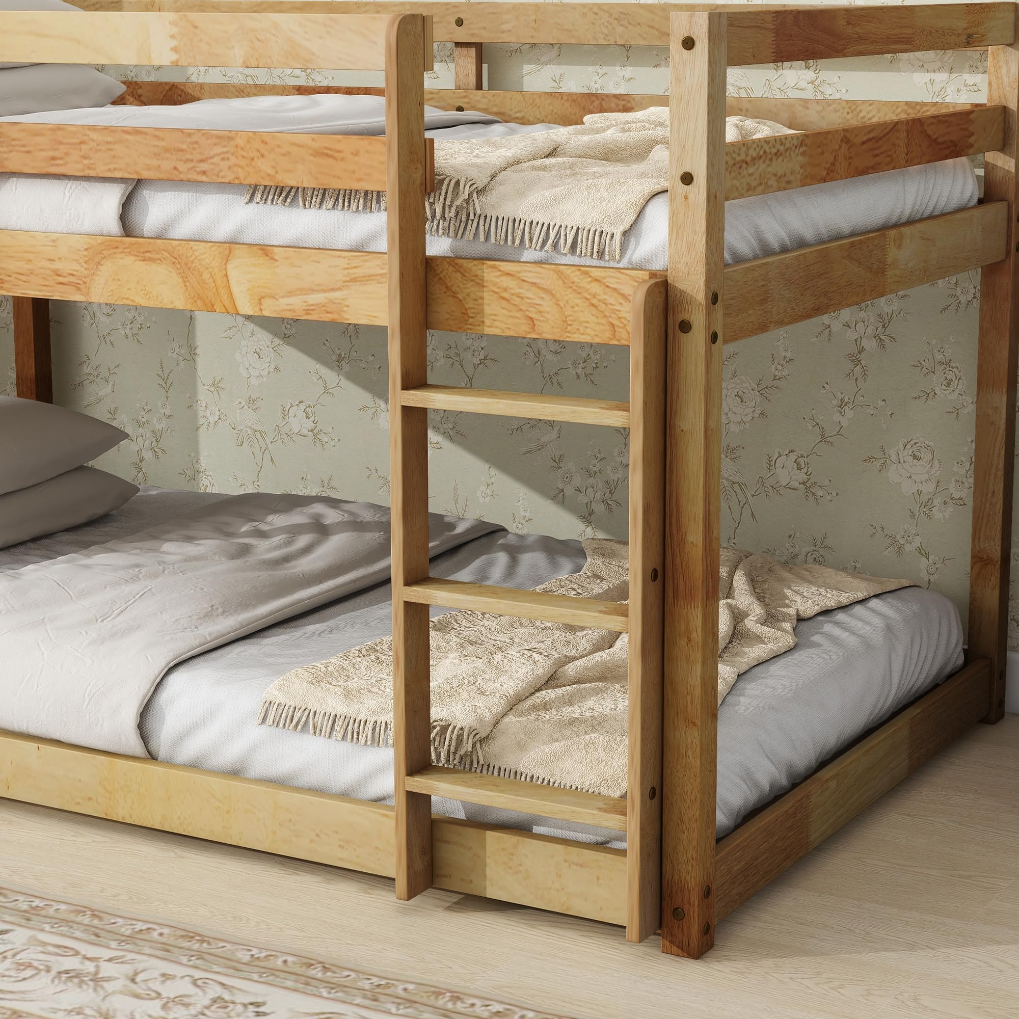 HomSof Twin Over Twin Floor Bunk Bed - Natural Wood Finish, Sturdy & Space-Saving Kids Bunk Bed for Small Rooms, Sleepovers & Shared Bedrooms