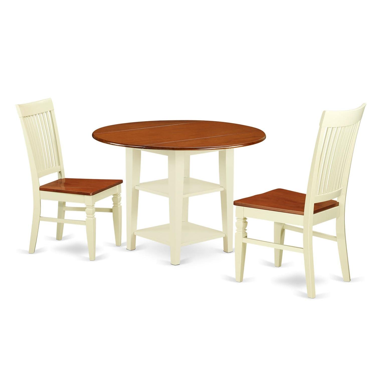 East West Furniture SUWE3-BMK-W 3-Piece Kitchen Table & Chairs Set - 42x42 Inch Round Dining Table with Drop Leaf, Storage Shelves & 2 Matching Chairs in Buttermilk & Cherry - Perfect for Small Spaces, Breakfast Nooks & Cozy Dining Areas