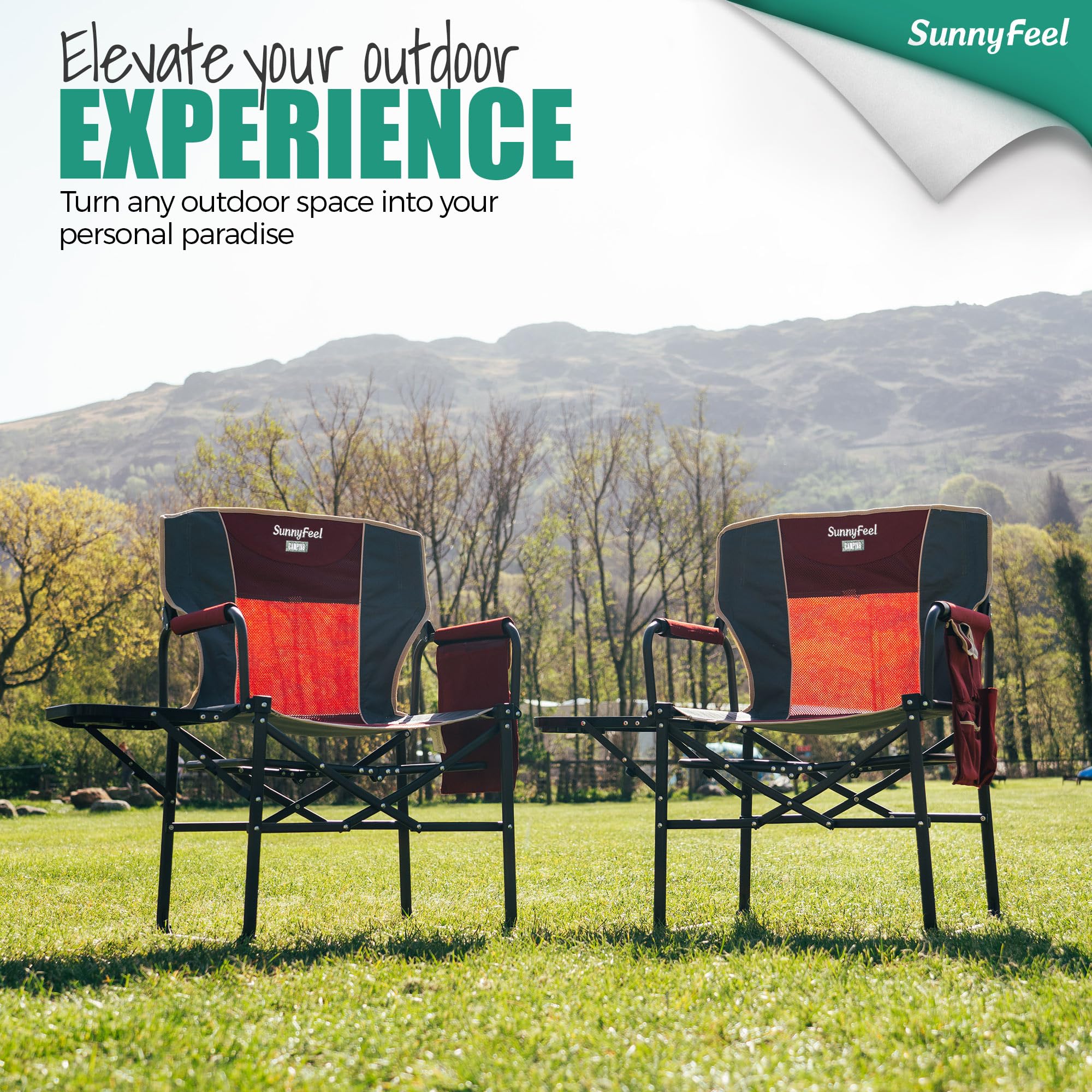 **SUNNYFEEL Oversized Camping Directors Chair 2 Pack - Heavy Duty Portable Folding Lawn Chairs for Adults with Side Table & Pocket - Perfect for Beach, Fishing, Picnic, Concert, and Outdoor Camping**