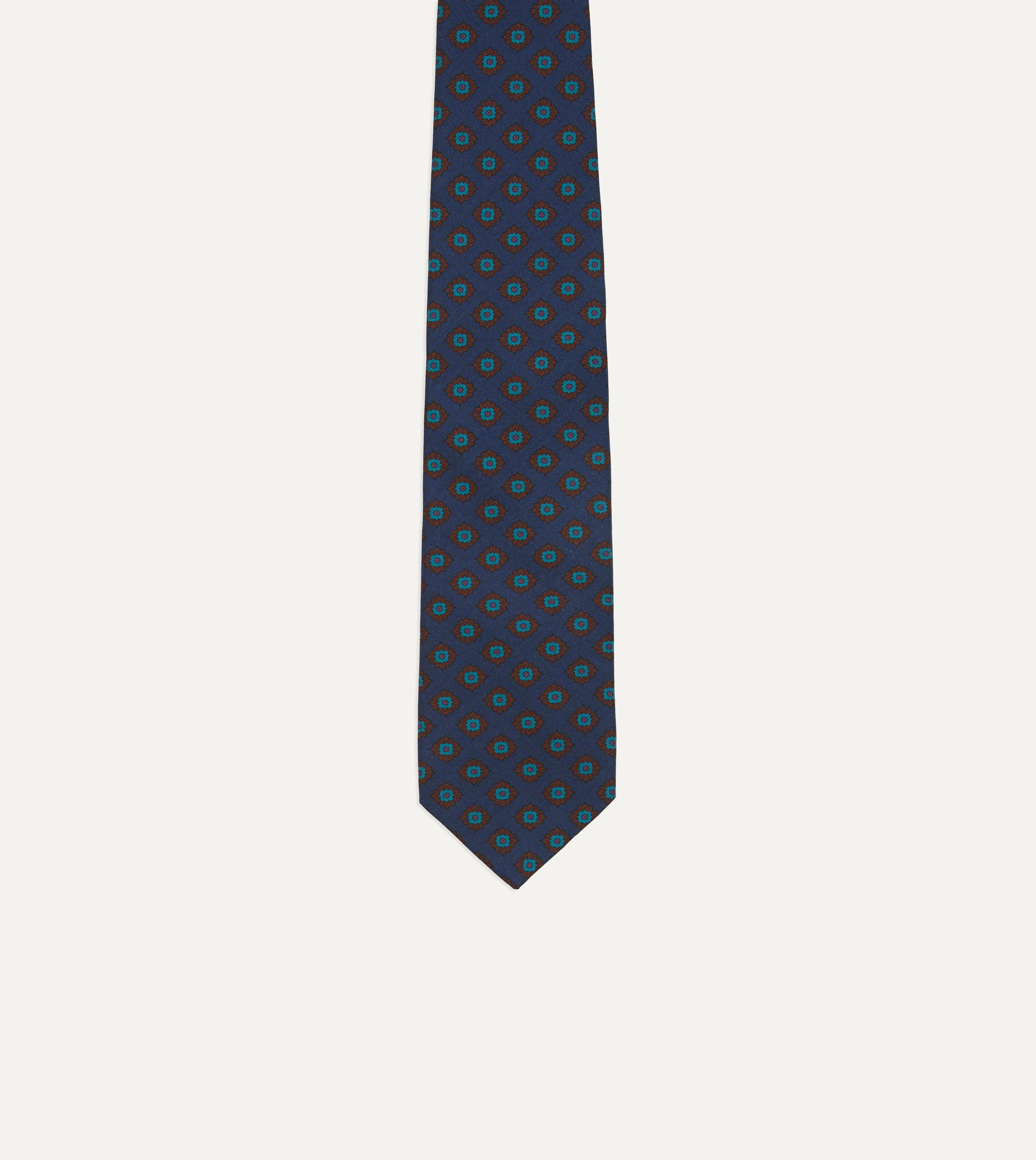 Navy Blue Silk Necktie with Square Flower Medallion Print - Elegant Self-Tipped Design for Business, Weddings & Formal Occasions
