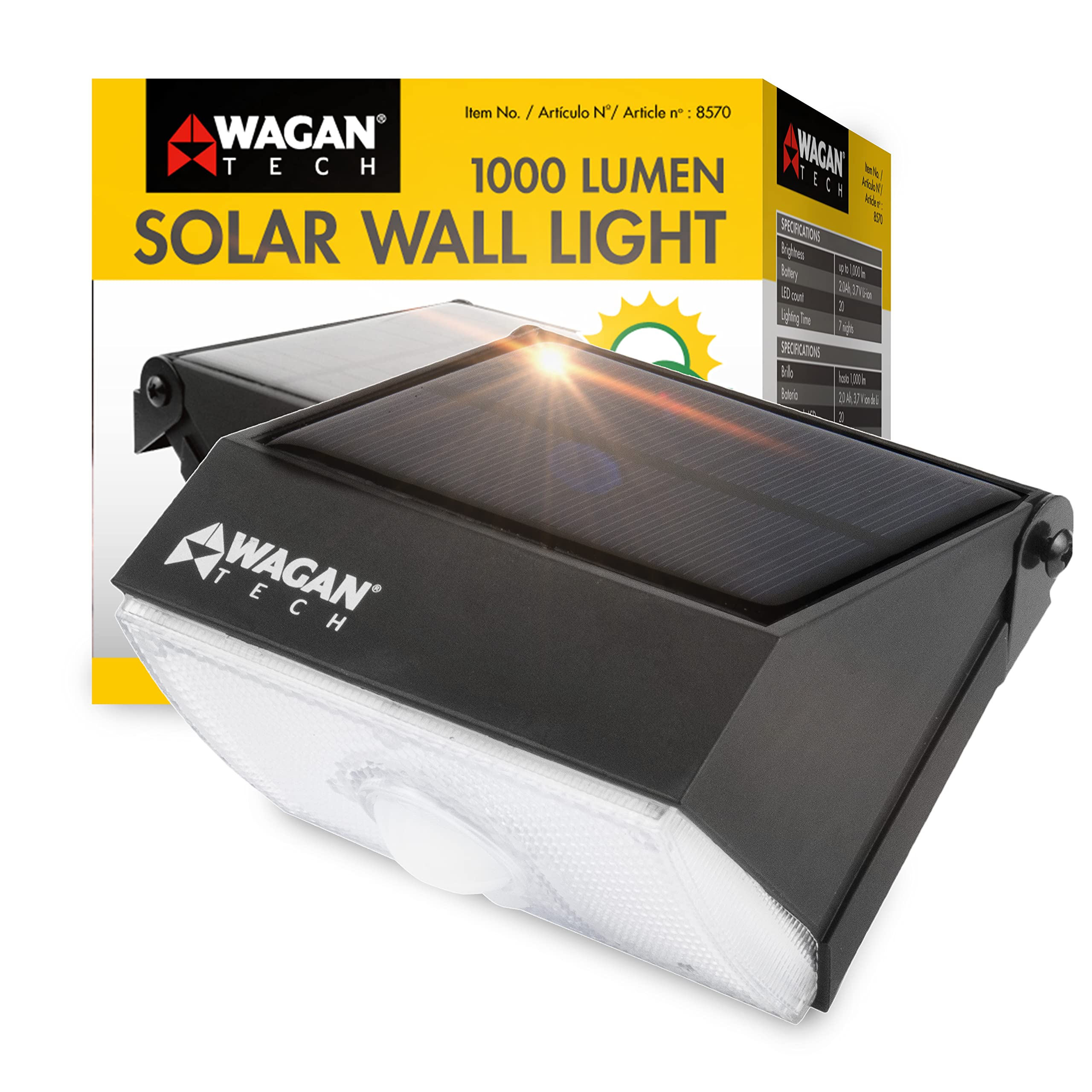 Wagan EL8570 1000 Lumens Solar Powered Outdoor LED Wall Light - Waterproof Motion Sensor Security Light for Garden, Patio, Yard (Black) | Energy Efficient Night Lighting for Pathways & Entryways