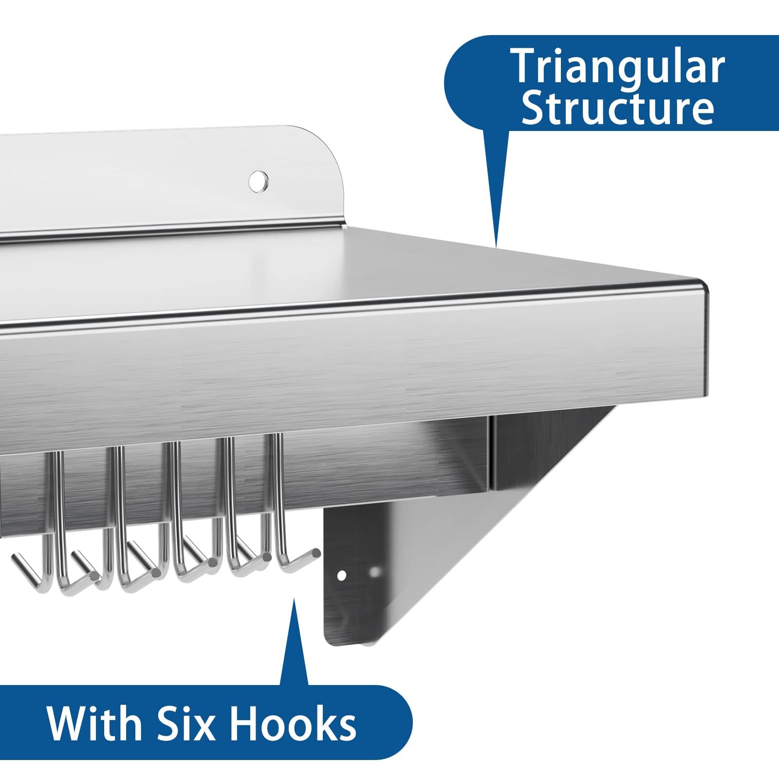 GARVEE 2 Pack 12x36 Inch Stainless Steel Wall Mounted Shelf - Heavy Duty 200LBS Capacity with 2 Backsplashes & 6 Hooks for Kitchen, Bathroom, Garage Storage Organization