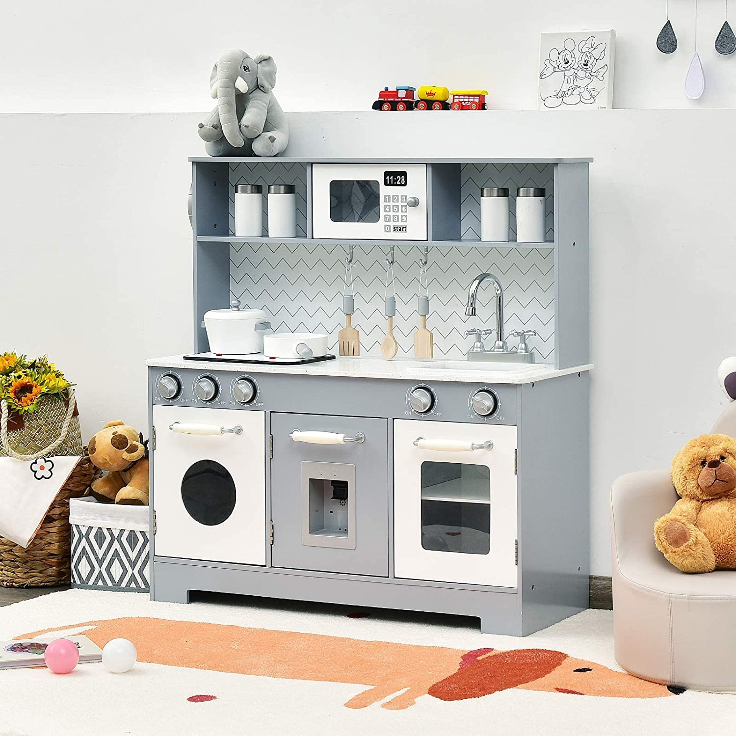 Wooden Kids Kitchen Playset with Sink & Stove - Pretend Play Toy for Toddlers 3+ | Perfect Gift for Boys & Girls | Gray