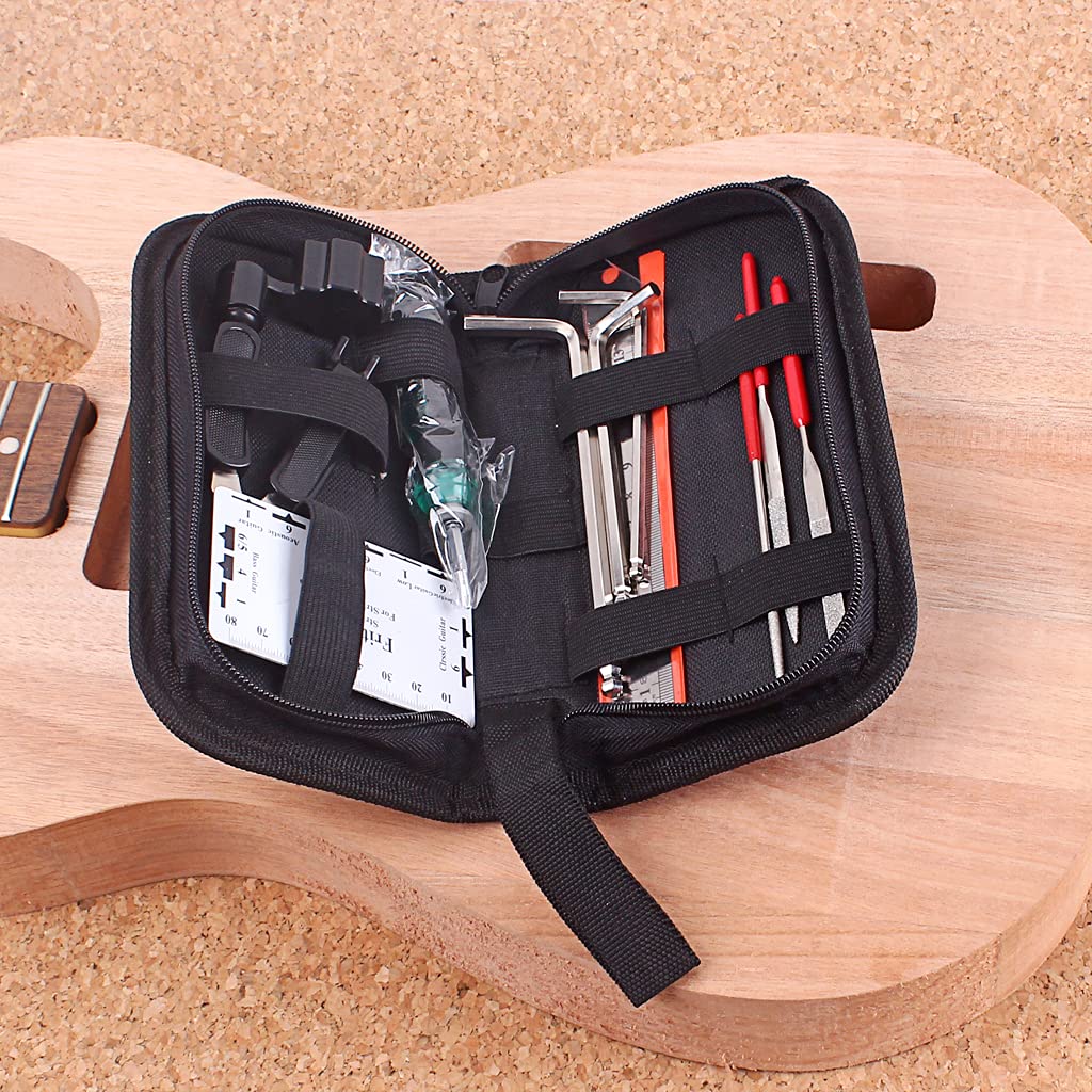 Electric Guitar Repair & Maintenance Tool Kit - String Organizer, Action Ruler, Gauge, Hex Wrench Set & File for Guitar, Ukulele, Bass, Mandolin, Banjo | Professional Instrument Care & Setup Tools for Musicians