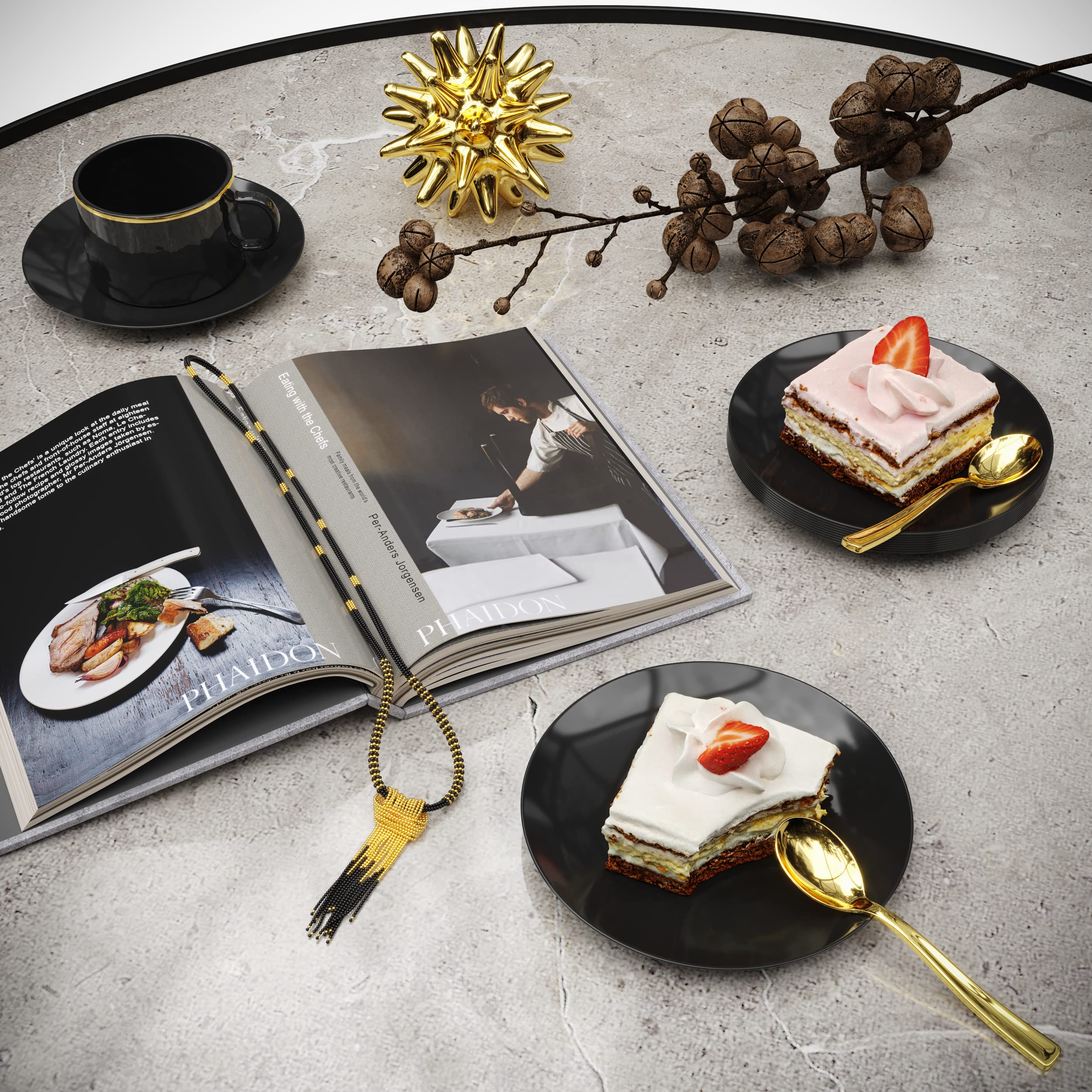 Trendables 120CT Disposable Dessert Plates with Gold Spoons - Elegant Black Small Plastic Plates for Parties, Weddings & Events (Serves 60 People) - Perfect for Birthday Celebrations, Baby Showers & Catering