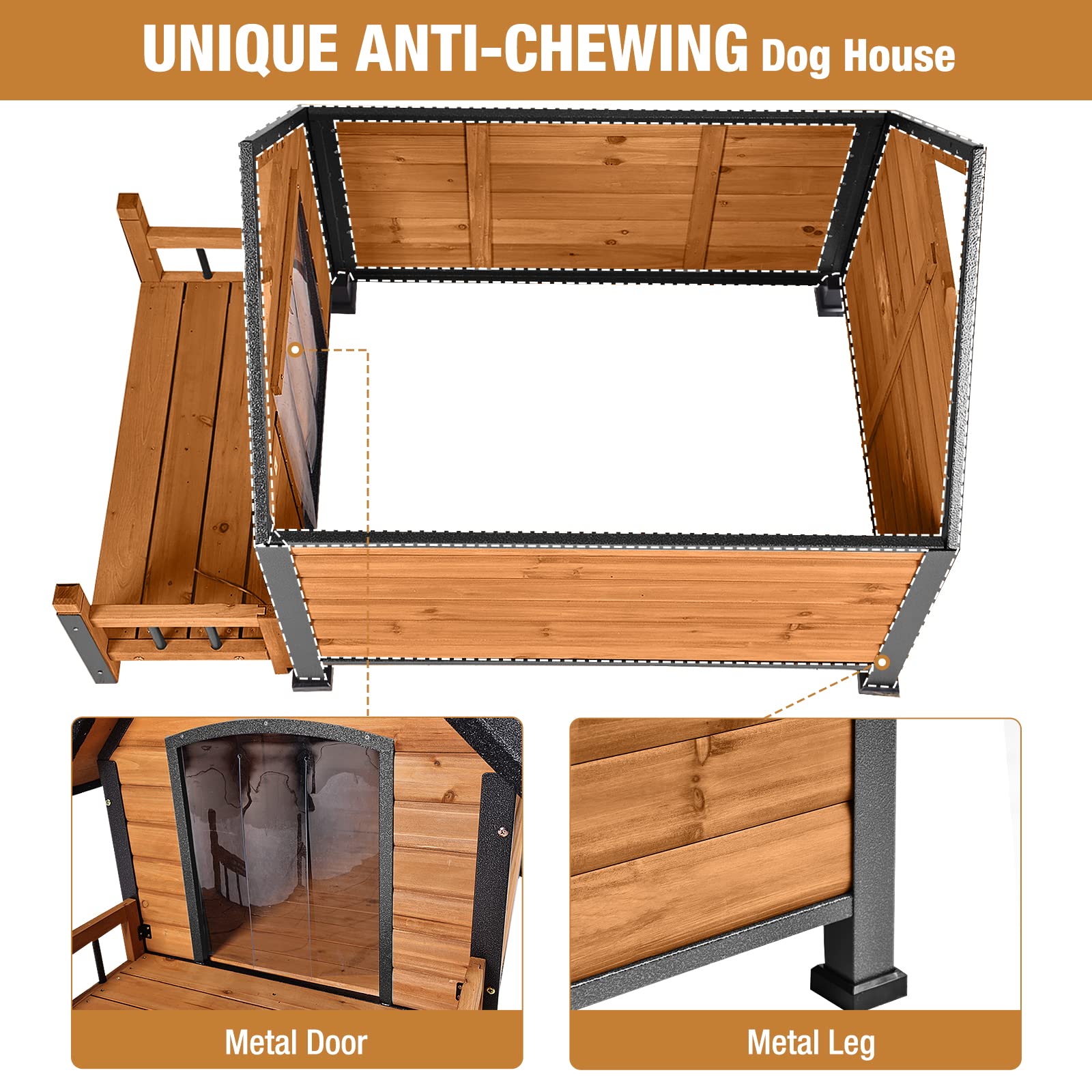 Sturdy Anti-Bite Metal Iron Frame Wooden Dog House - Weatherproof Outdoor/Indoor Kennel for Small, Medium & Large Dogs (Brown) - Perfect for Backyard, Patio, Garden & Indoor Pet Shelter