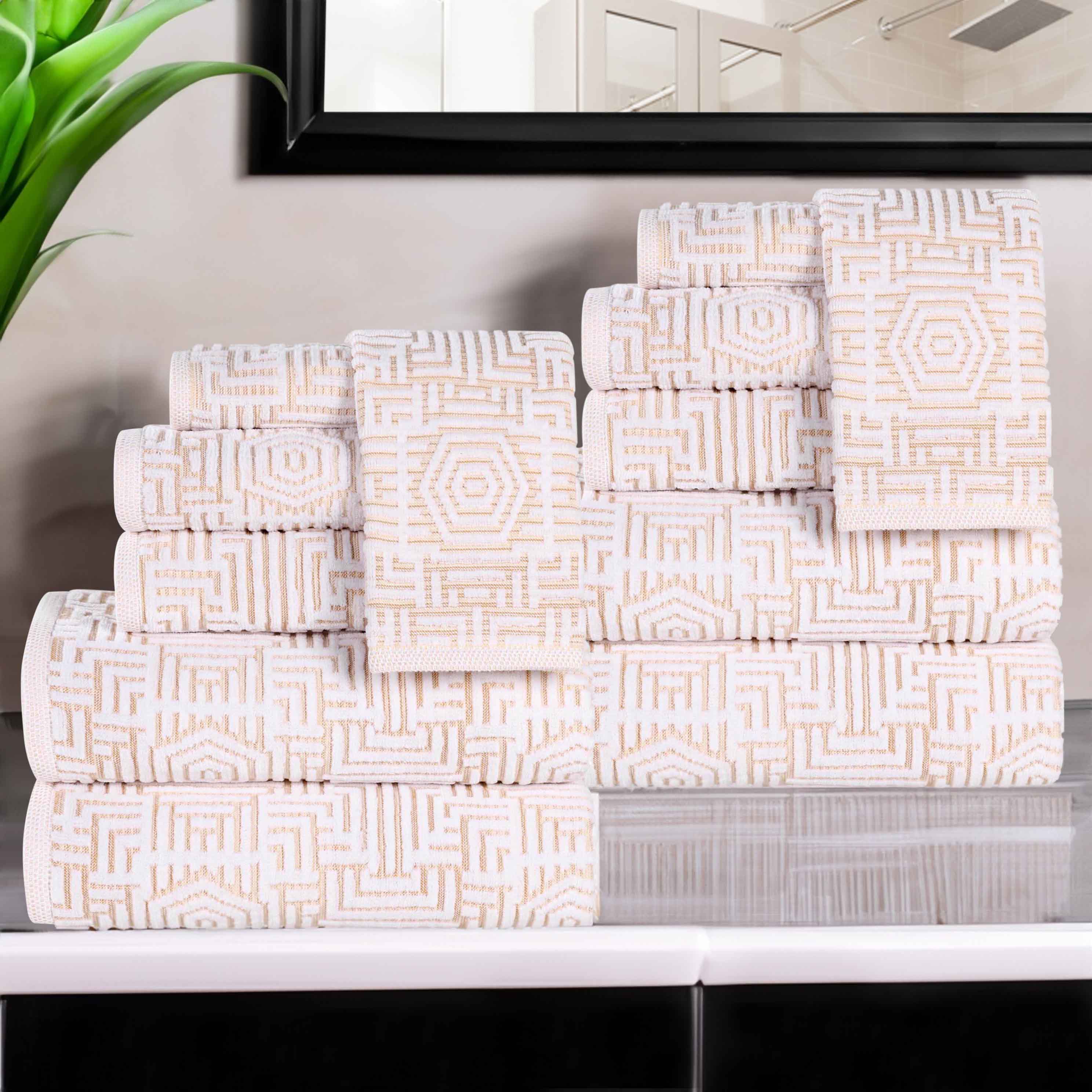Premium 12-Piece Cotton Geometric Jacquard Plush Towel Set - Ultra Absorbent & Soft Bath Towels for Spa, Guest Bathroom & Luxury Home Decor