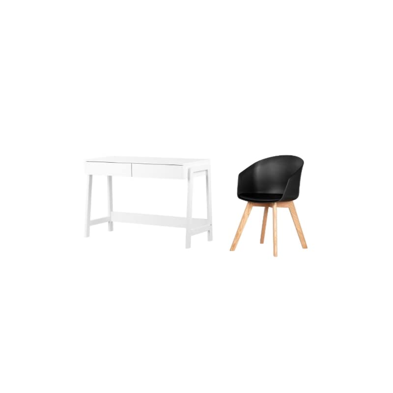 South Shore Liney White Desk with Black & Wood Chair Set - Modern Home Office Furniture for Work & Study