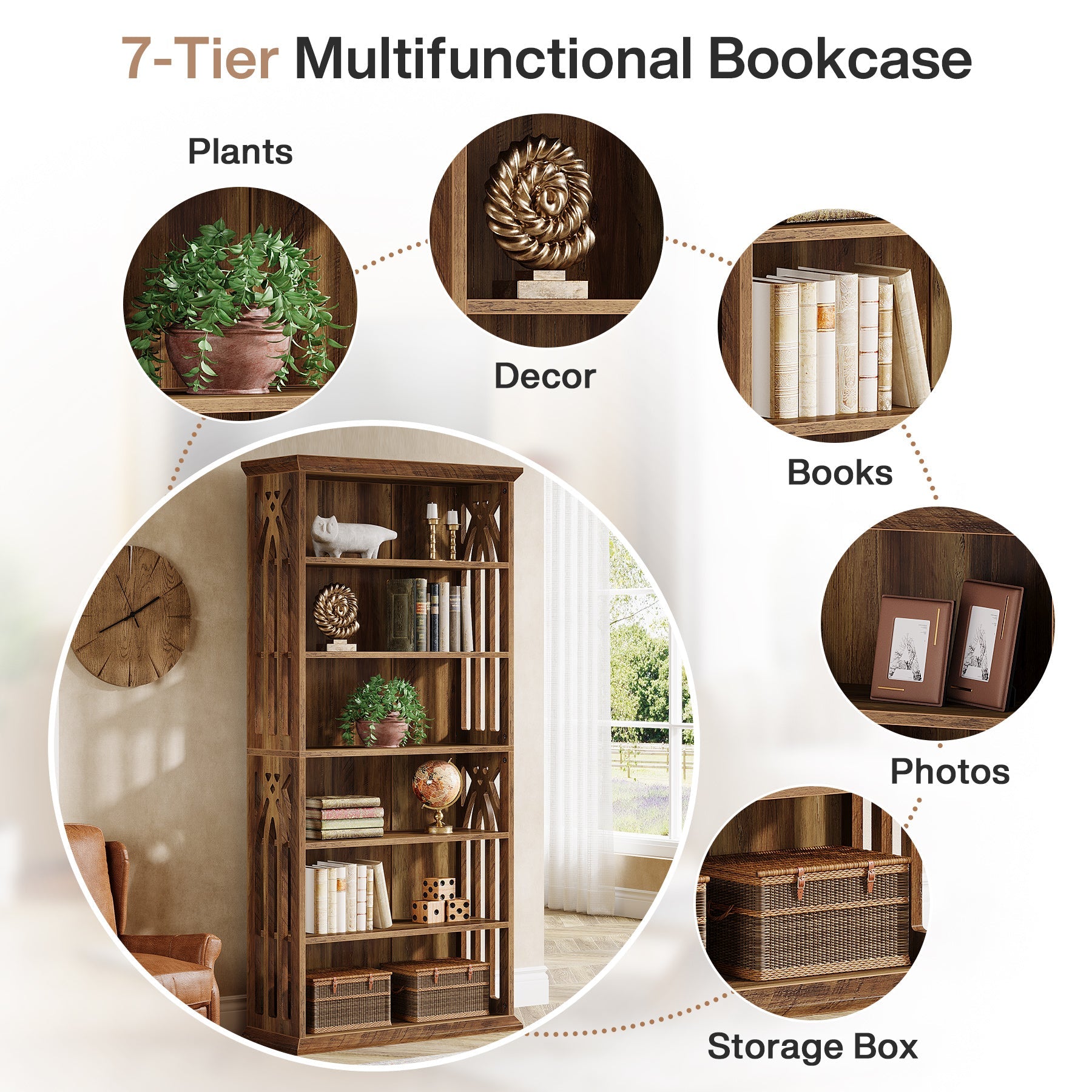 6-Tier Bookshelf - 75 Book Storage Bookcase with Display Shelves, Modern Etagere for Living Room, Bedroom, Office & Study Organization
