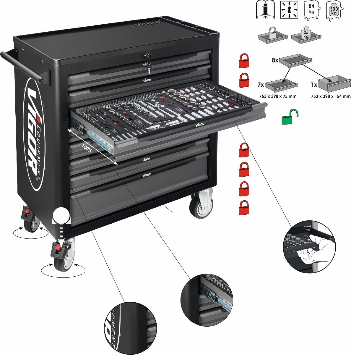 V4481 Heavy Duty Rolling Tool Cart - Portable Workshop Organizer for Mechanics & DIY Enthusiasts | Perfect for Garage, Auto Repair & Construction Sites