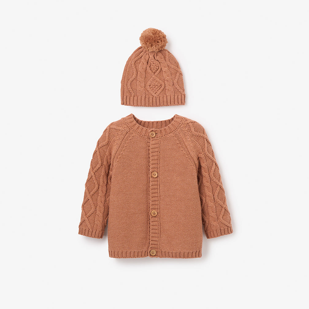 Chunky Diamond Cable Knit Cardigan and Hat Set for Women - Cozy Winter Sweater Outfit - Perfect for Christmas, Holidays & Cold Weather Fashion