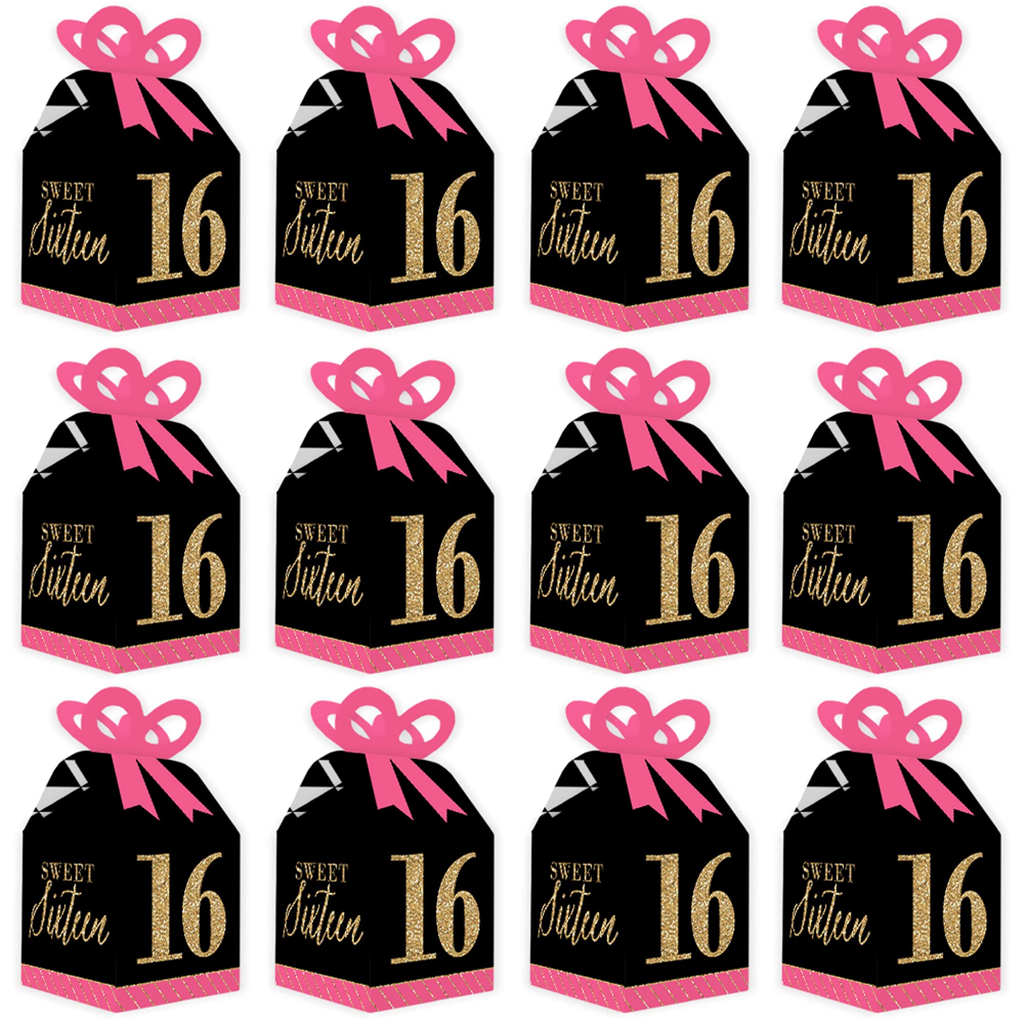 16th Birthday Gift Boxes - Pink, Black & Gold Set of 12 for Party Favors