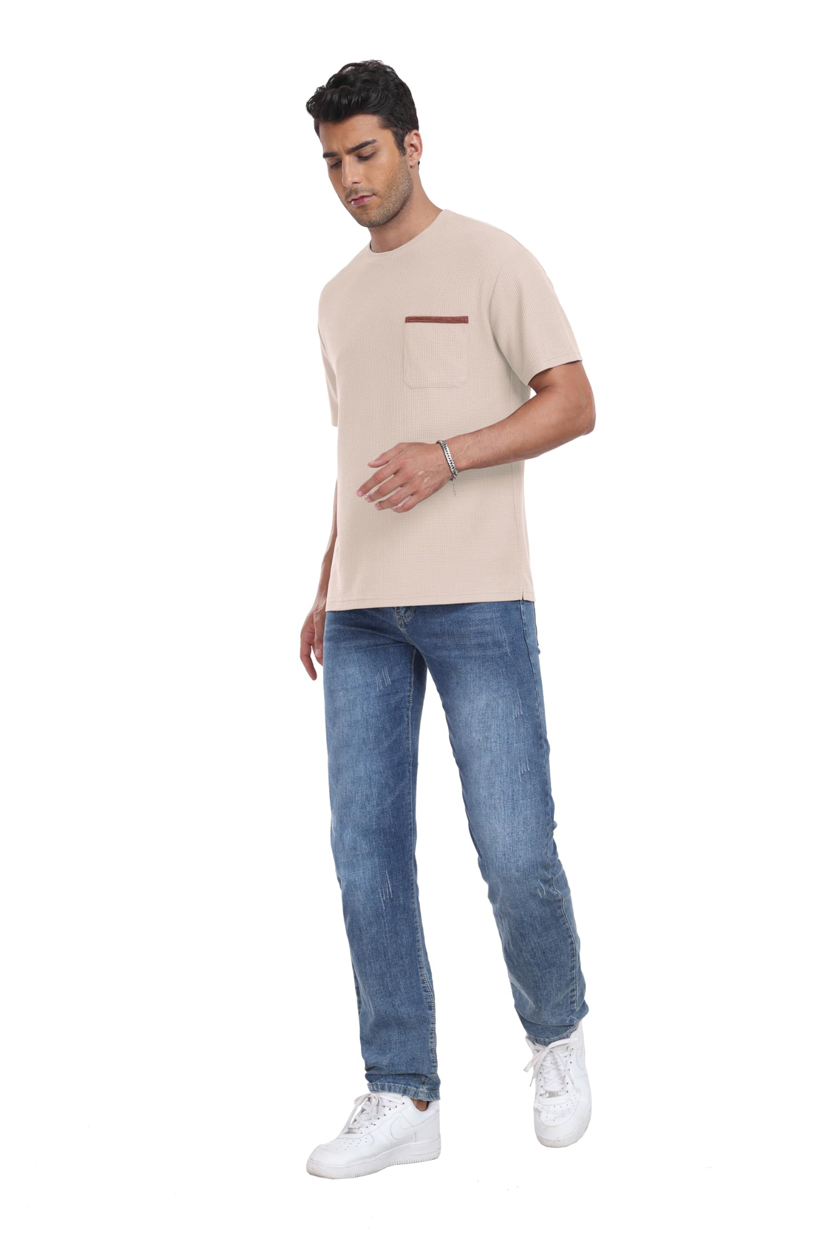 Men's Casual Short Sleeve Crew Neck T-Shirt - Soft Summer Tee with Waffle Texture & Pocket - Perfect for Beach, Travel & Everyday Wear