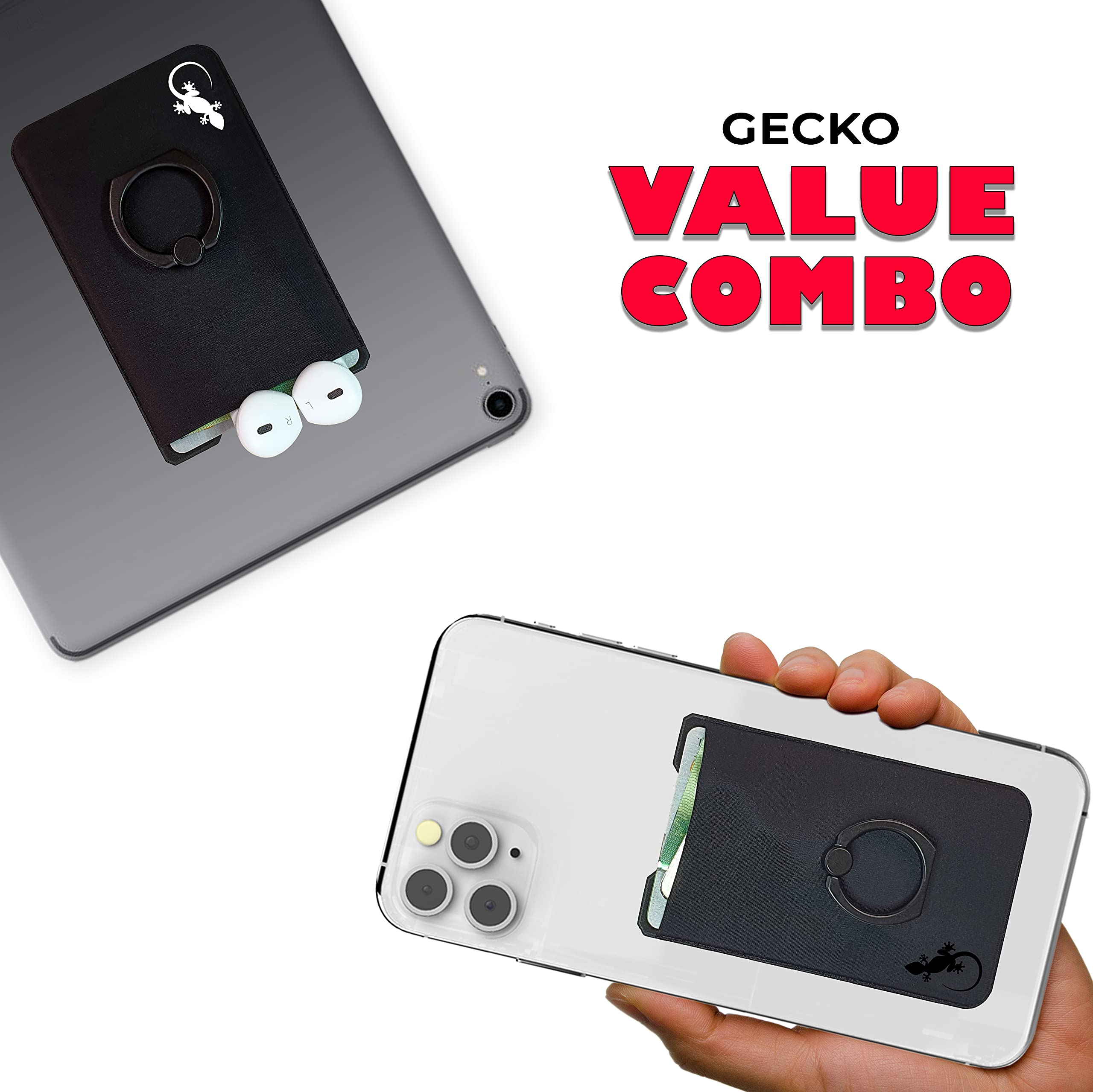 Universal Phone Card Holder with Gecko Ring - 2 Pack (White & Black Logos) - Finger Grip, Phone Ring Stand & Credit Card Sleeve for Secure Grip, Hands-Free Viewing & On-the-Go Convenience - Perfect for Travel, Work & Daily Use