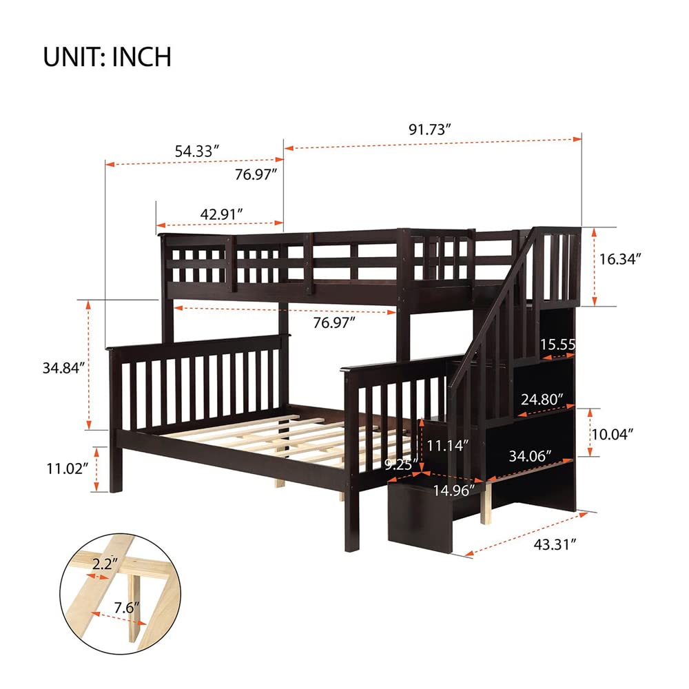 Solid Wood Twin Over Full Bunk Bed with Stairway - Full-Length Guardrail & Storage Steps | Convertible Design with Underbed Storage | No Box Spring Needed (Espresso Finish) - Perfect for Kids' Bedrooms, Guest Rooms & Space-Saving Small Apartments